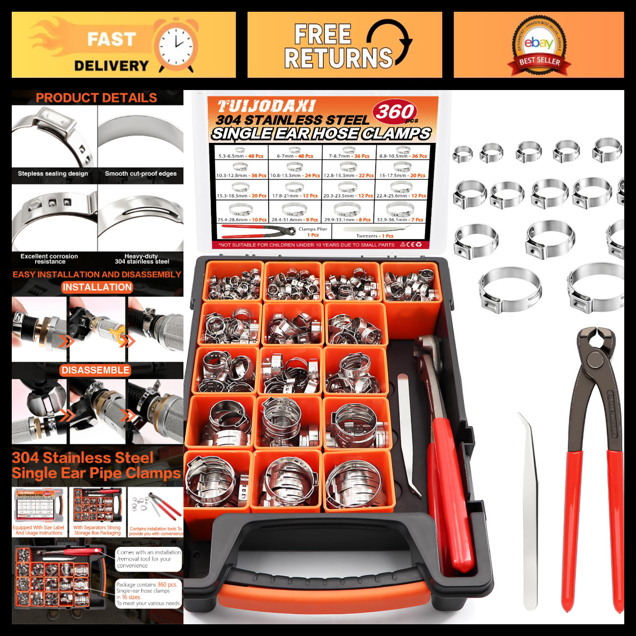 360Pcs Stainless Steel Single Ear Hose Clamps Set with Pliers for Fuel Line Repa