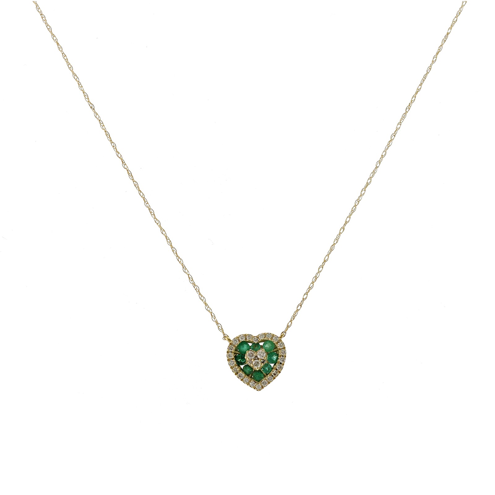0.30 CT Emerald 0.25 CT Diamond 14K Yellow Gold Heart Pendant Necklace 18\
