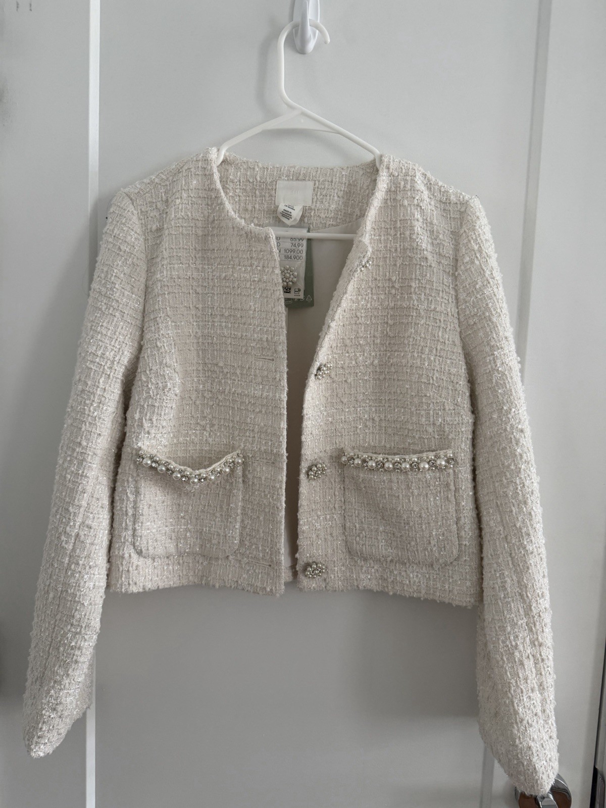 H&M Pearl Embellished Tweed Jacket White Cream Cropped Blazer Size Small NWT