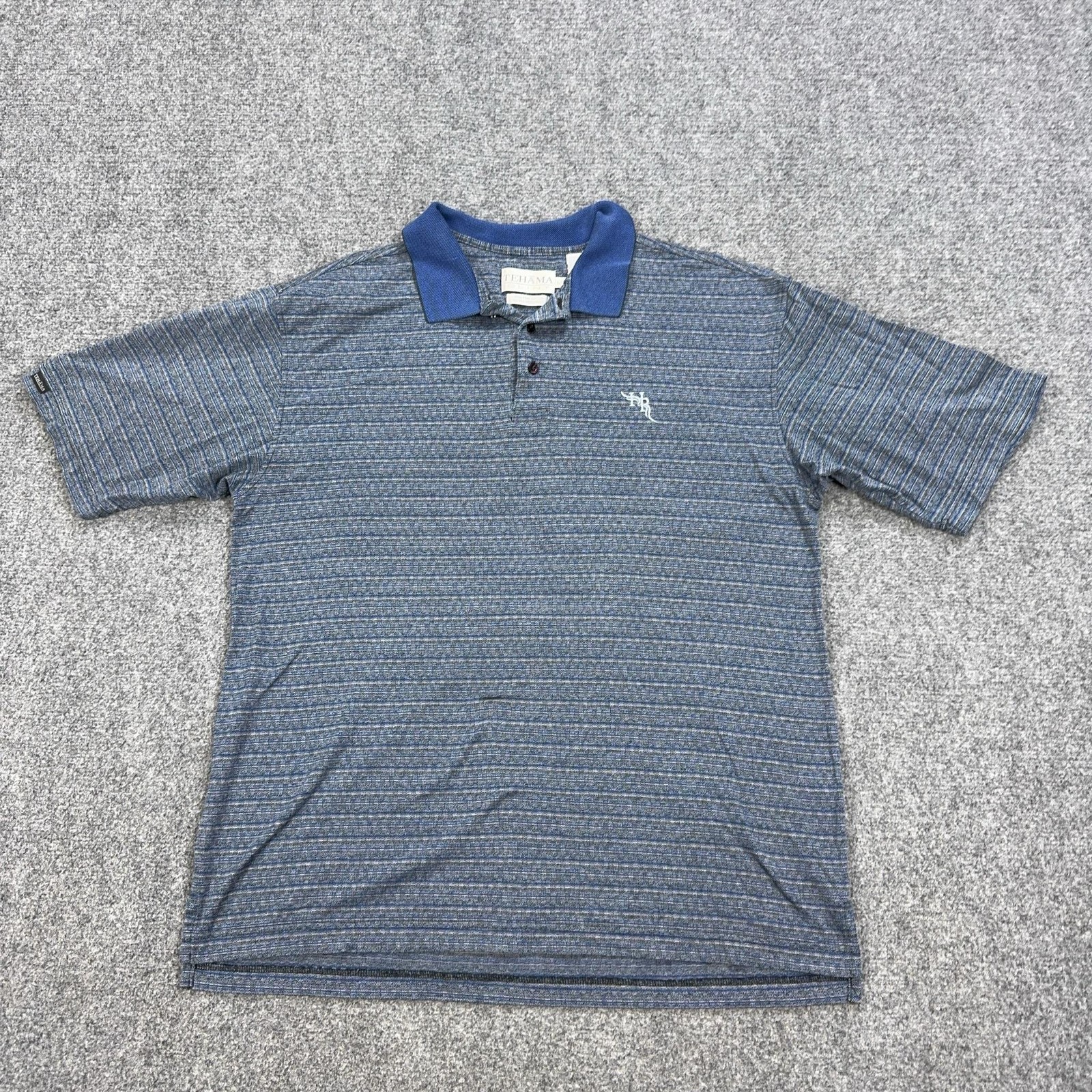 TEHAMA Polo Shirt Mens L Blue Striped 100% Cotton Golf Performance Logo