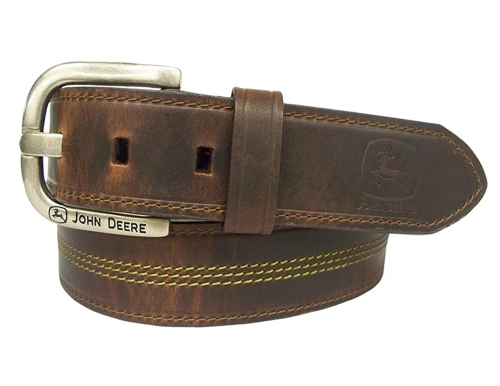 John Deere Mens 38mm Top Grain Leather Belt Mens Triple Stitching Brown 4503500