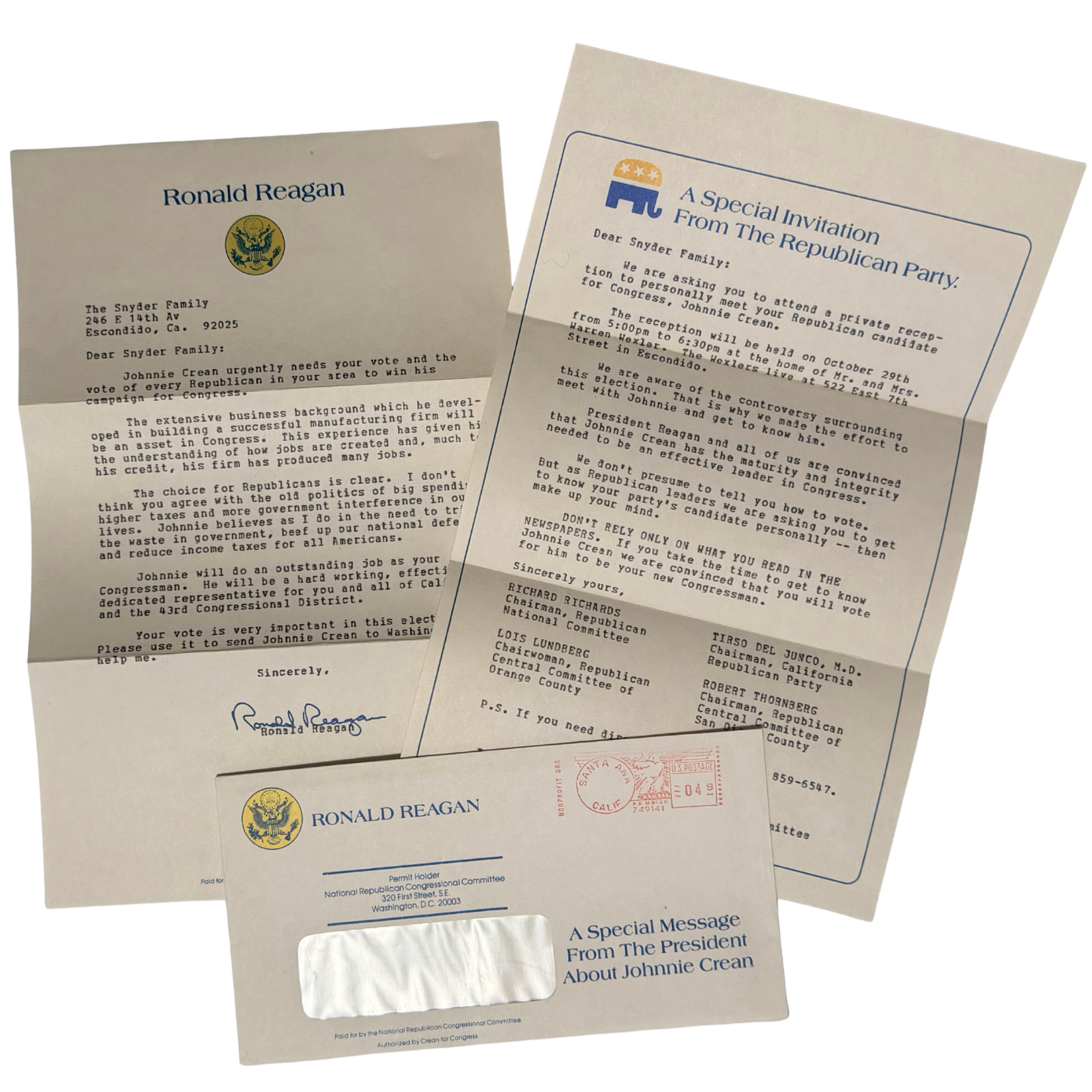 1982 Ronald Reagan Johnnie Crean Campaign Letter Original Envelope 