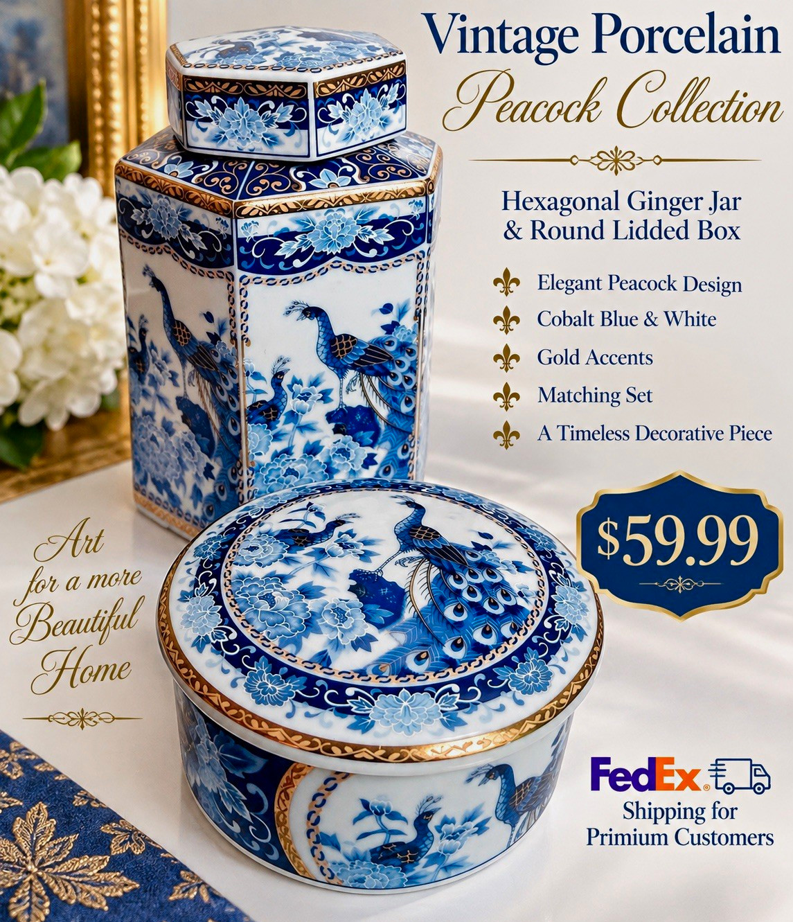 Vintage Porcelain Peacock Collection Hexagon Lidded Jar & Round Box Blue Gold