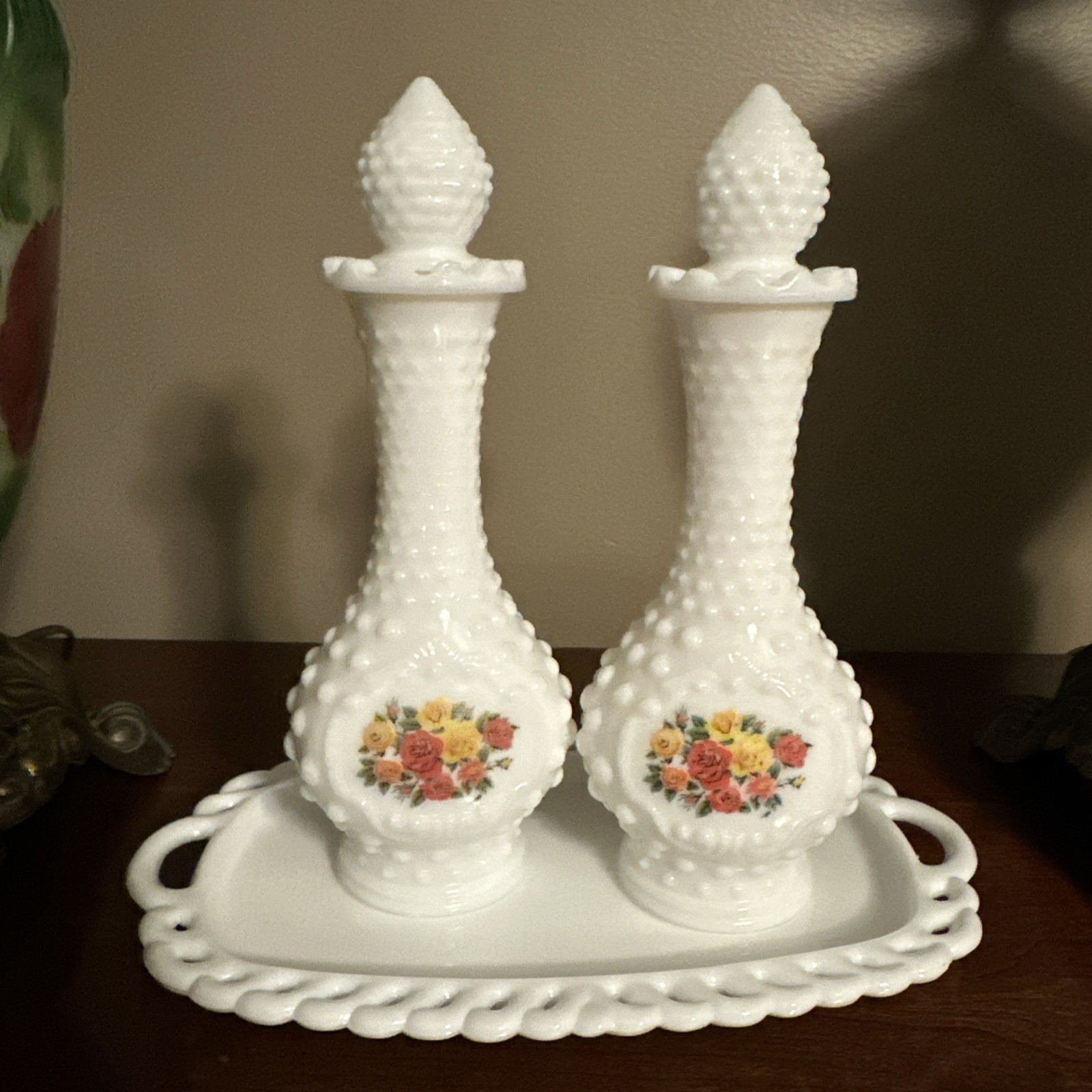 Vintage Milk Glass Perfume Bottles set of 2 Hobnail Floral Design Empty Avon 