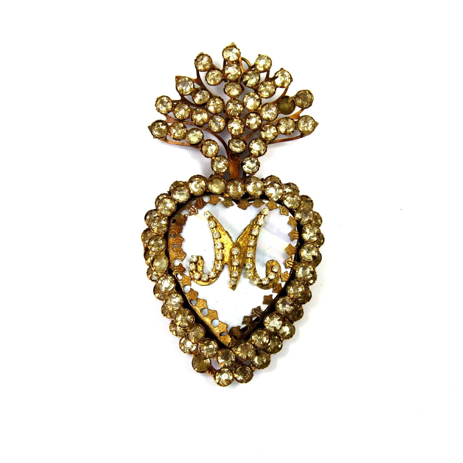 5.5in Sacred Heart Ex Voto Locket Ornament, Mother of Pearl Rhinestone Milagro