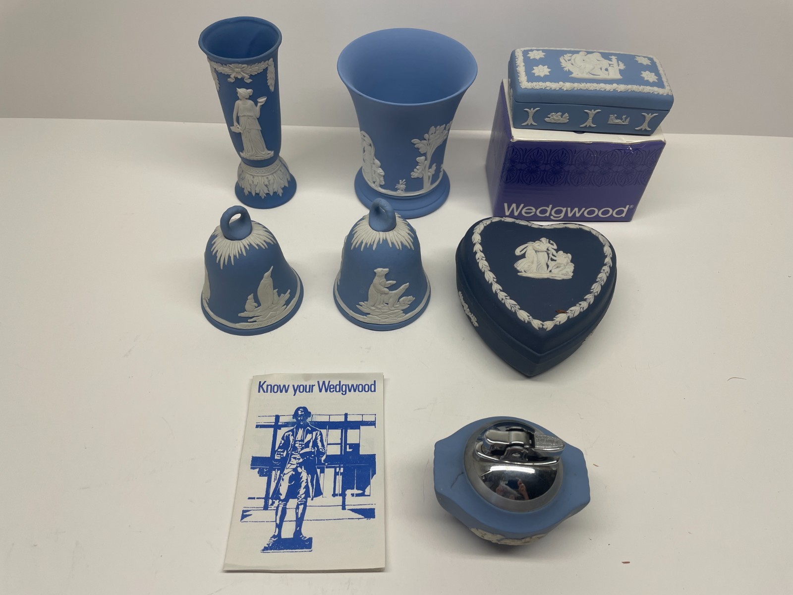 Vintage Wedgwood Jasperware Blue Lot of 7 - Vases Trinket Boxes Bells Lighter Vintage Wedgwood Jasperware Blue Lot of 7 - Vases Trinket Boxes Bells Lighter