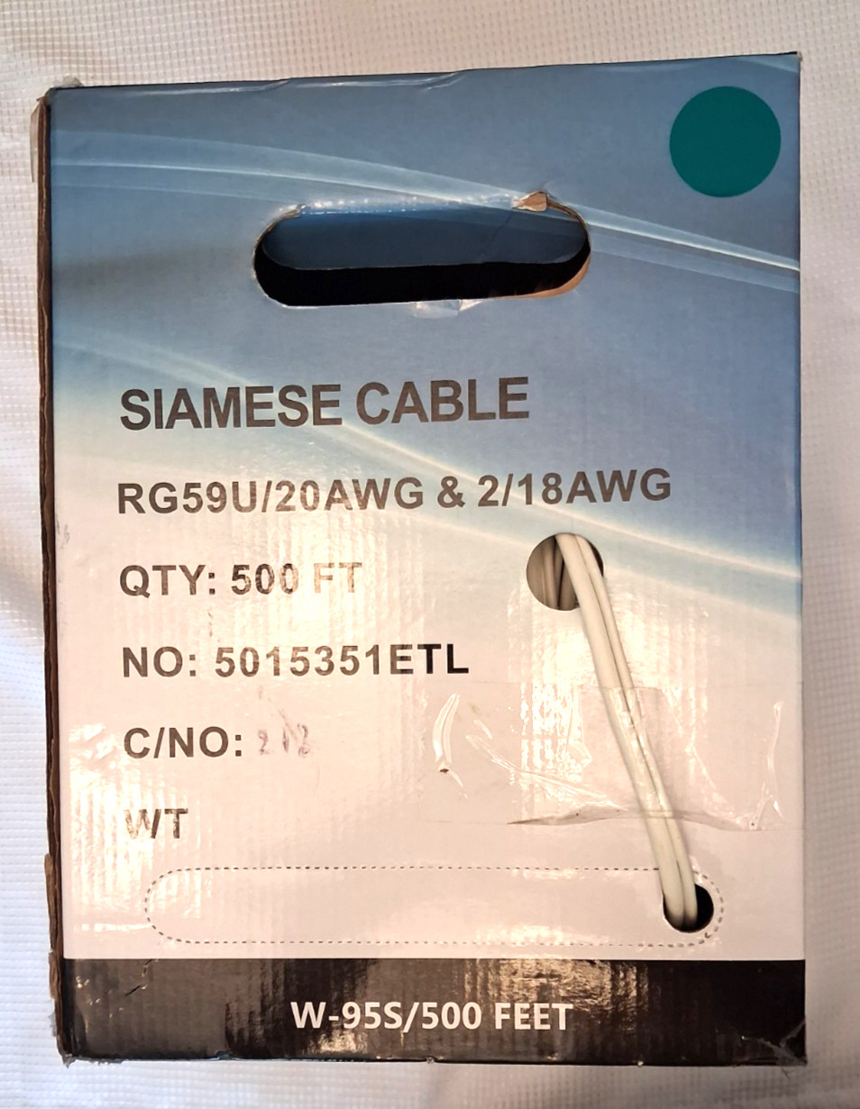 Siamese Cable RG59U/20AWG & 2/18AWG White 500FT Bulk CCTV Security Camera Wire Siamese Cable RG59U/20AWG & 2/18AWG White 500FT Bulk CCTV Security Camera Wire