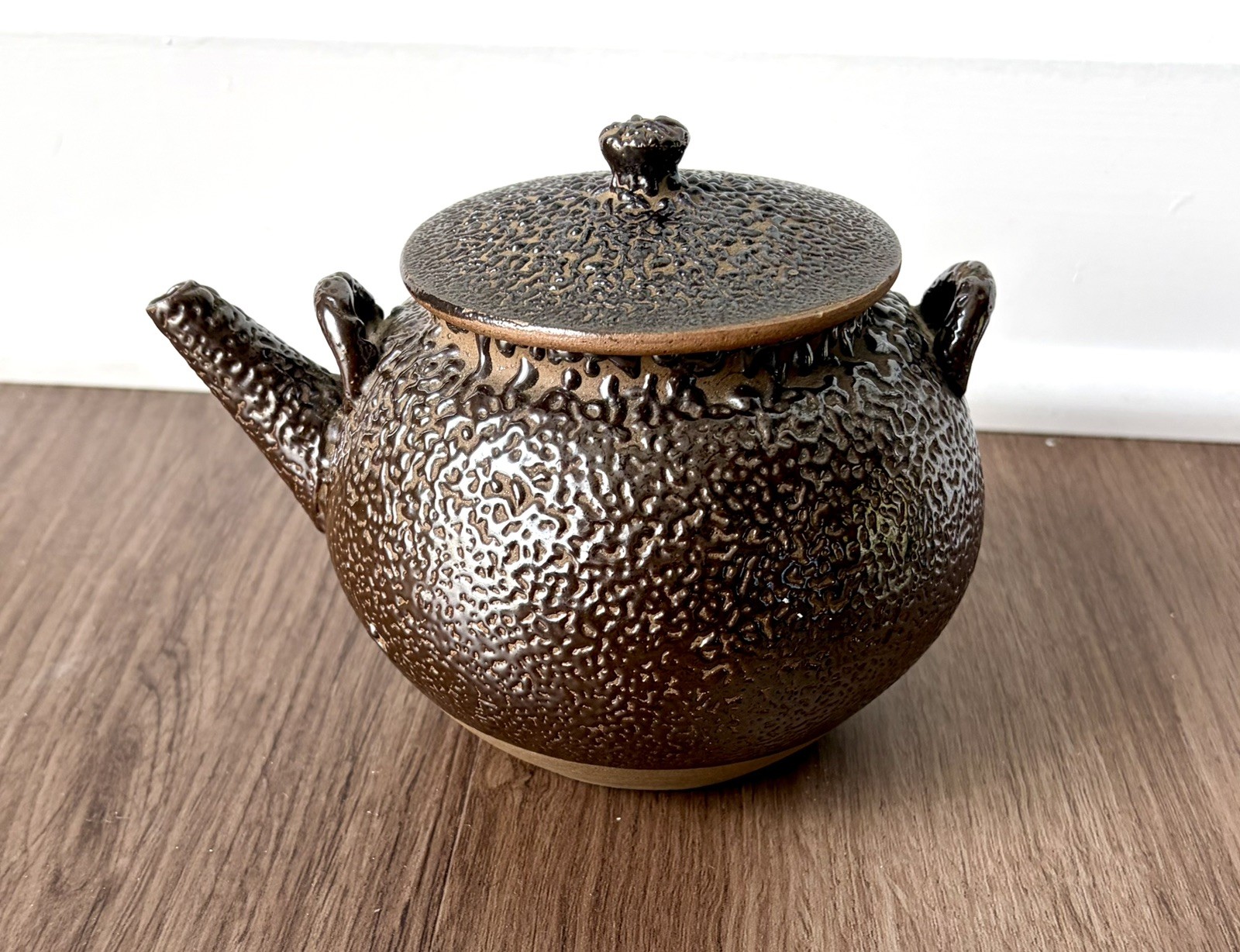 Antique Japanese Teapot ~ Water Drop Brown Pottery with Jakatsu Glaze
