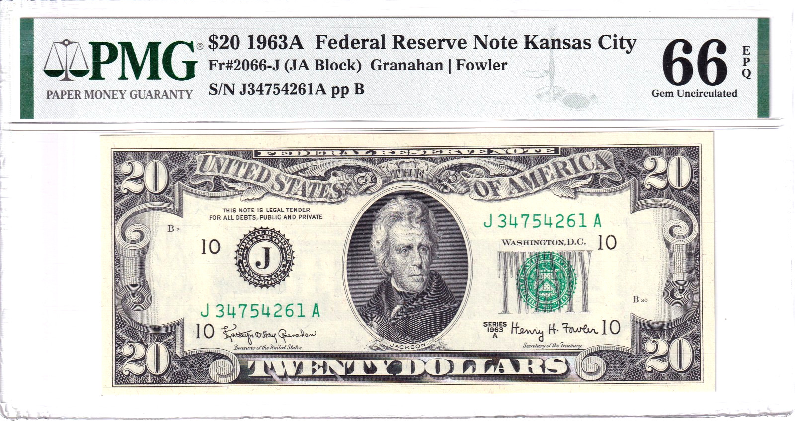 1963-A $20 Federal Reserve Note Kansas City PMG 66EPQ #J34754261A
