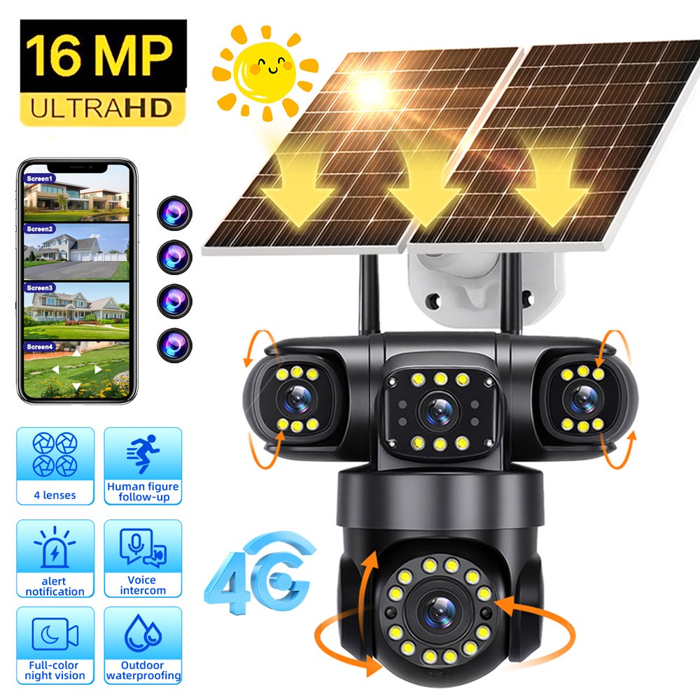 4G SIM 16MP 4 Lens Solar Battery Powered Security Camera Wireless Outdoor Home