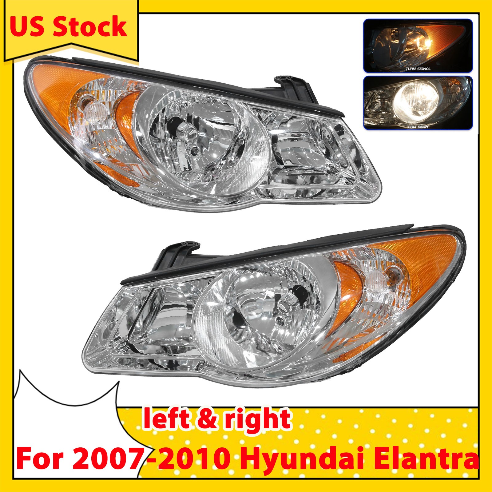 Pair For 2007-2009 2010 Hyundai Elantra Chrome Headlights LH & RH Side W/Bulbs