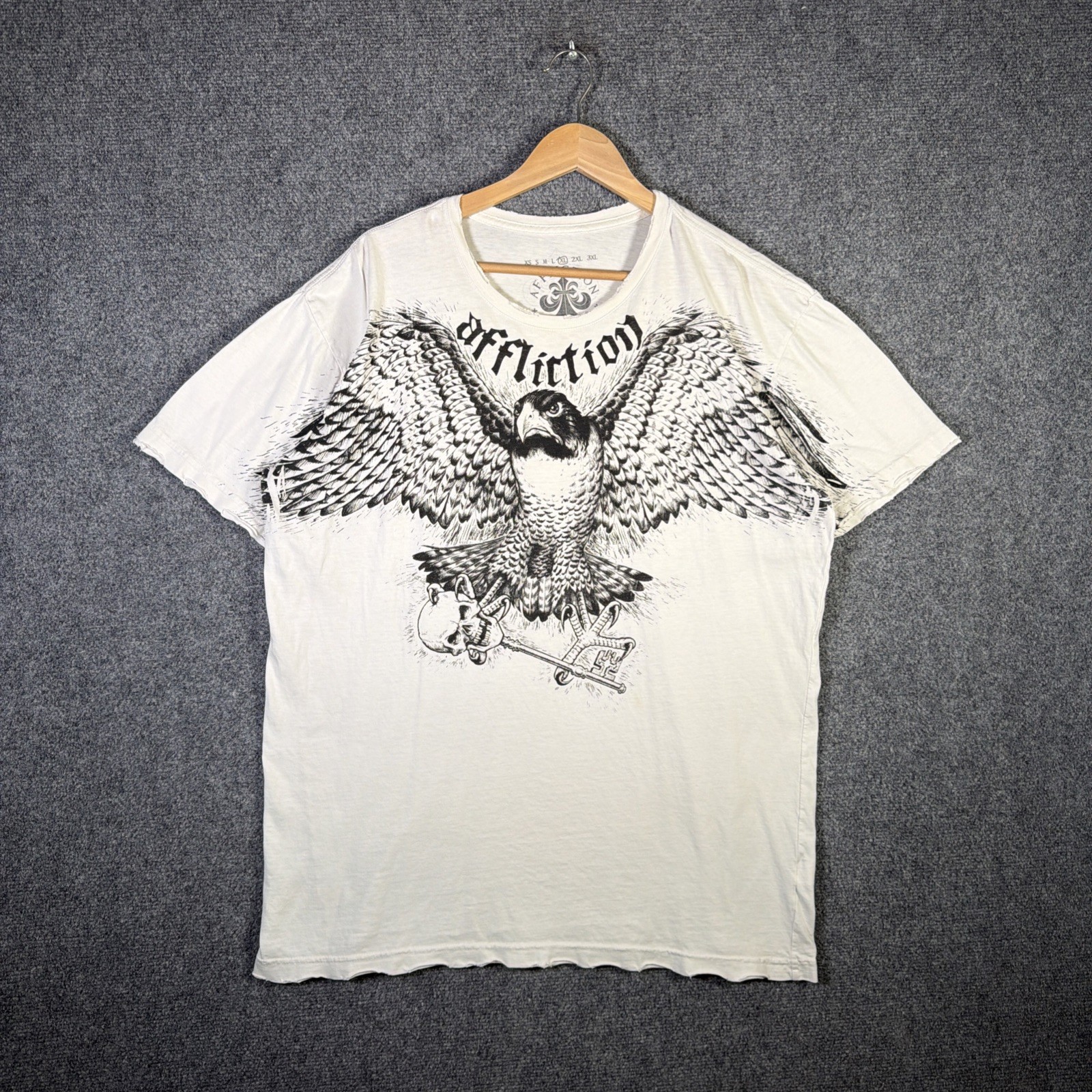Vintage Affliction Shirt Mens XL White Y2K Grunge Tribal AOP Skate Bird Wings Vintage Affliction Shirt Mens XL White Y2K Grunge Tribal AOP Skate Bird Wings