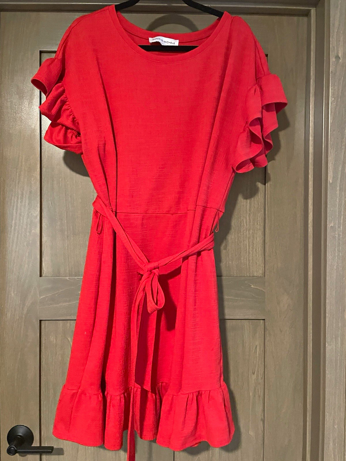 Emma & Michele Red Solid Round Neck Ruffle Sleeve Tie Waist Dress, 2X