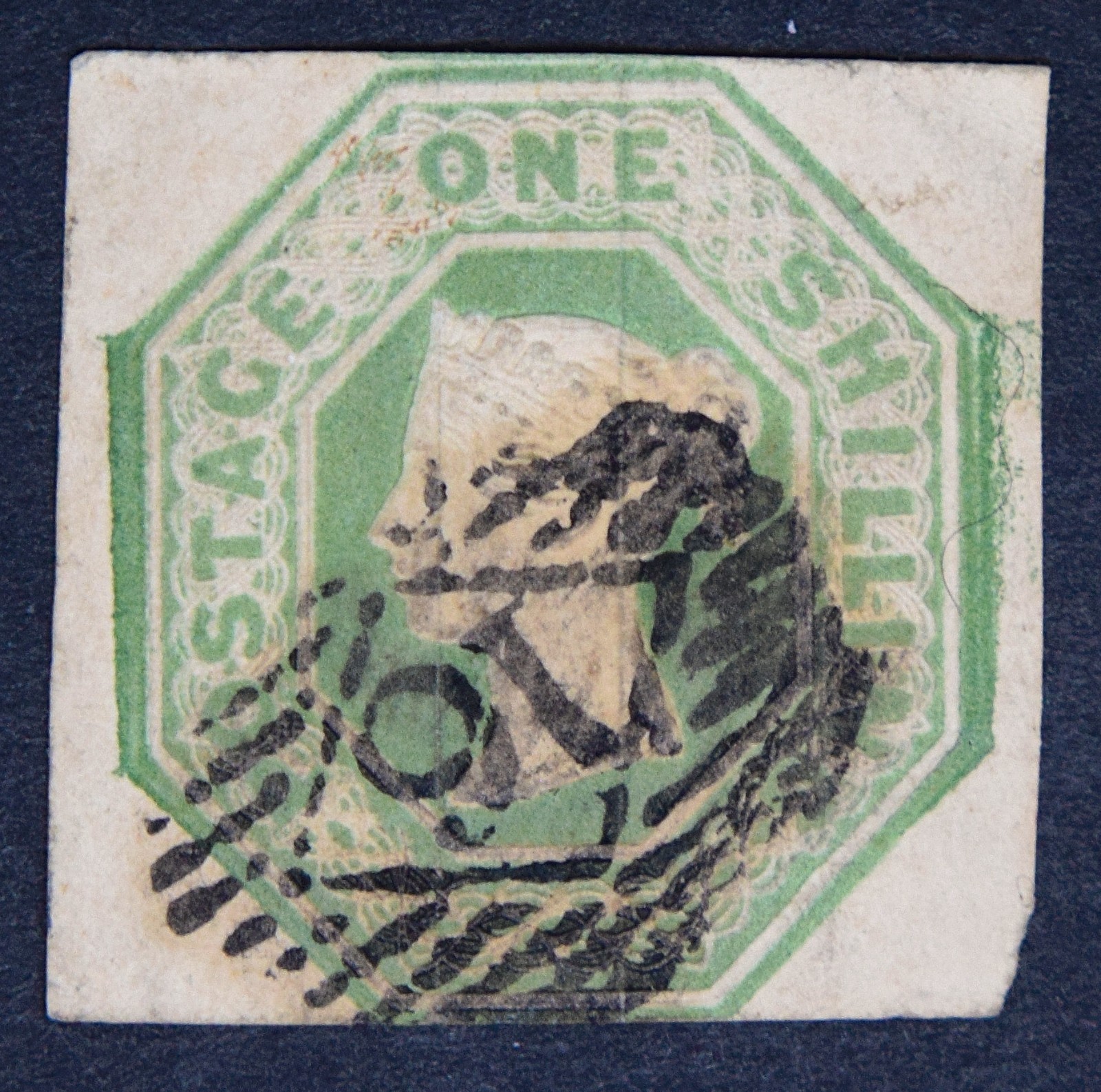 GB SG54 1847 QV 1/- Pale Green, Embossed, Square cut, Fine Used, c.£750 GB SG54 1847 QV 1/- Pale Green, Embossed, Square cut, Fine Used, c.£750