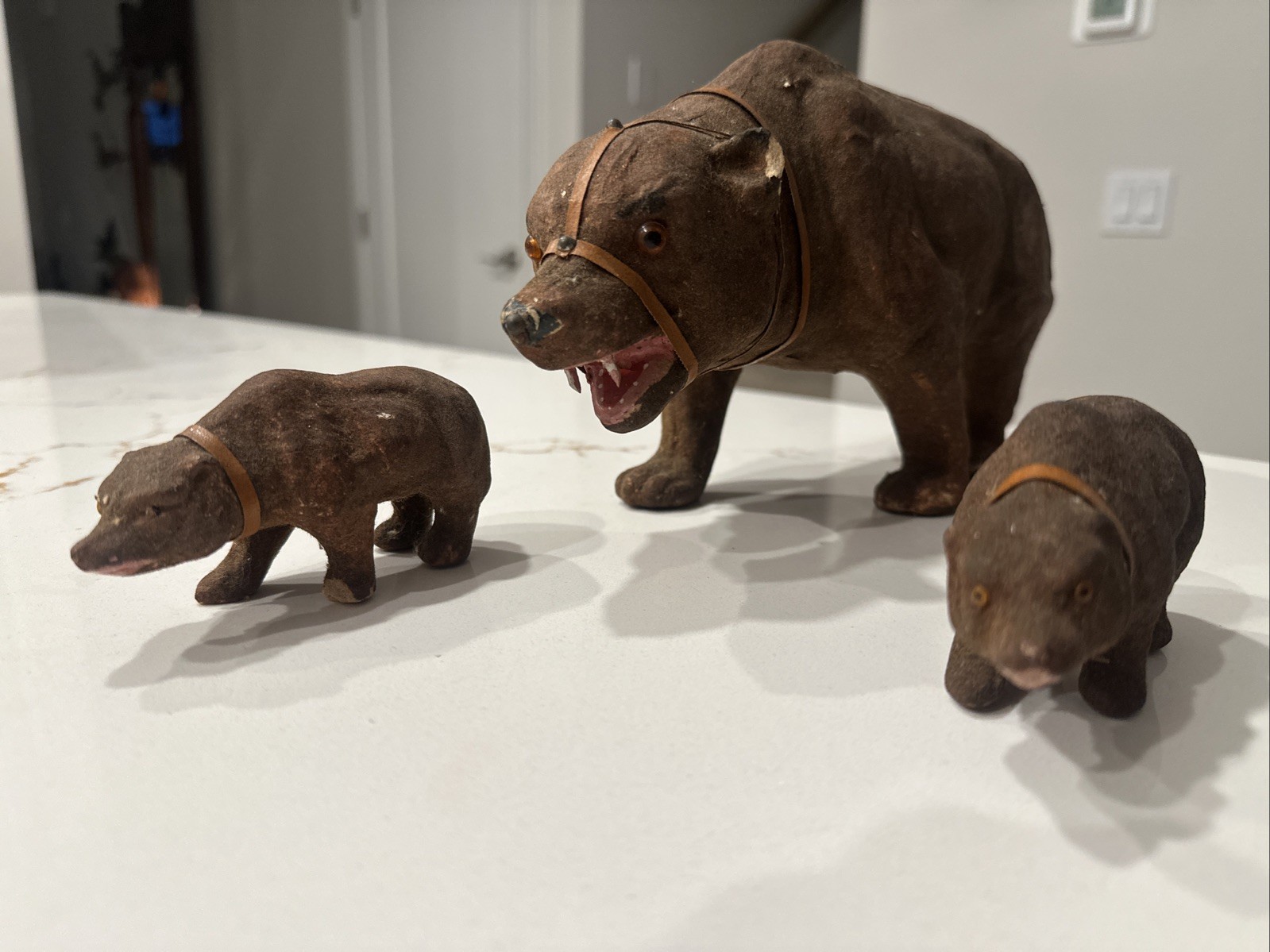 Antique German Paper Mache Bear HUGE 11” & Cubs Putz Open Mouth 1920’s Germany