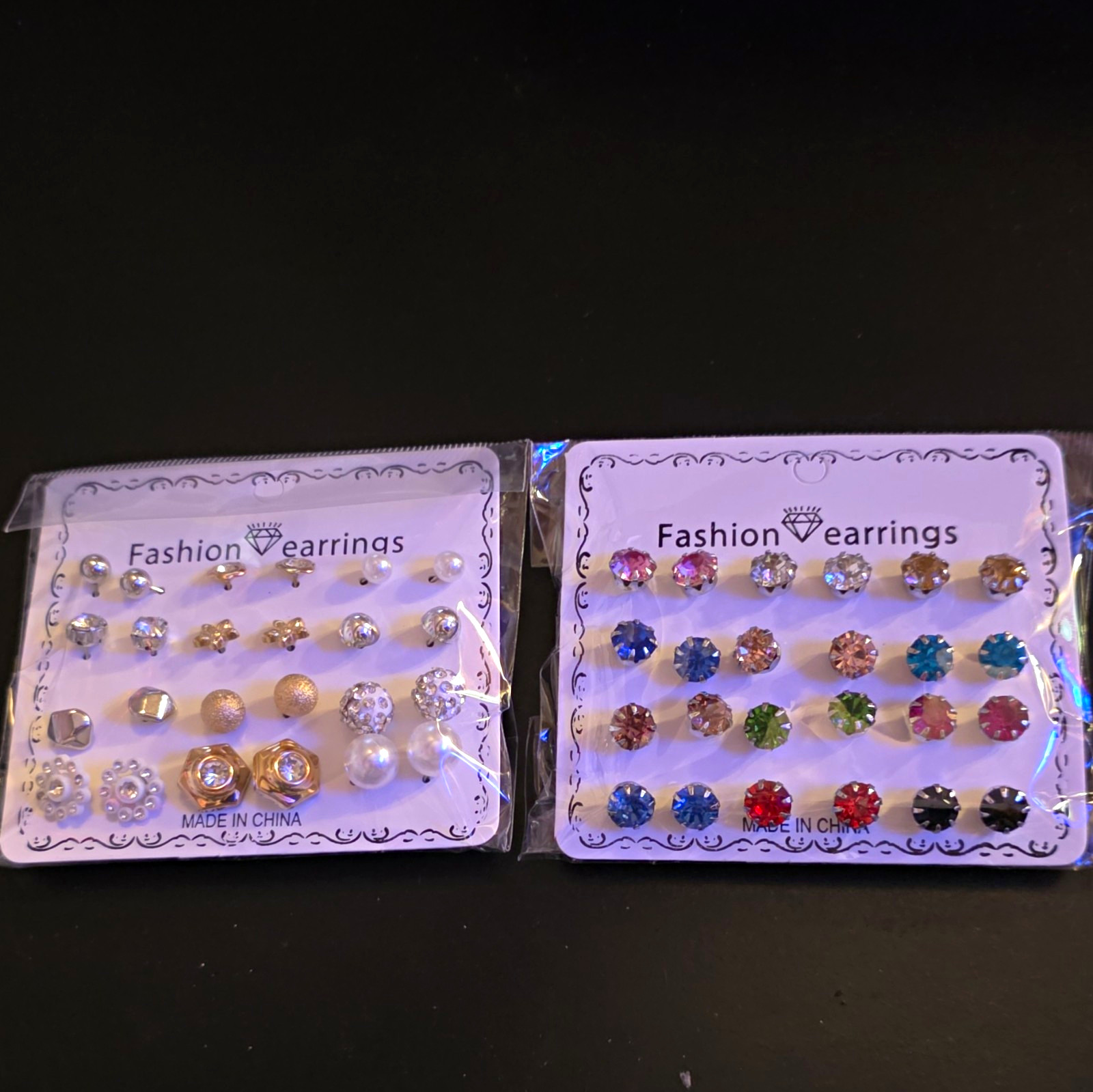 Stud Earrings Lot 2 Cards Multicolor Simulated Crystal Rhinestone & Pearl