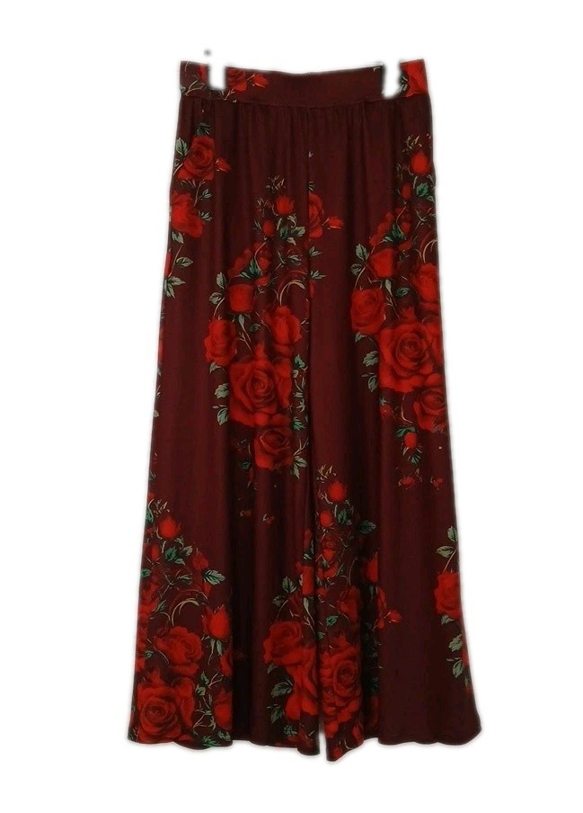 Temu Women\'s Size L Pants Dark Red Floral Wide Legs Pockets 