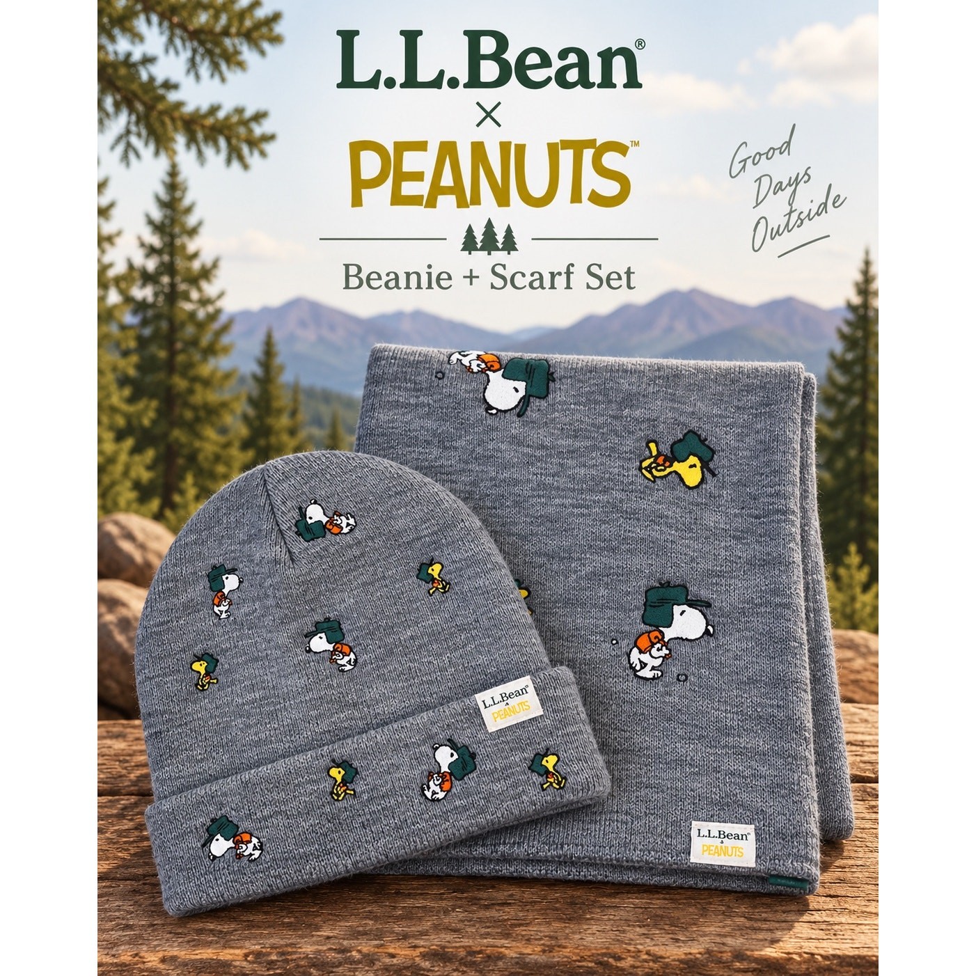 L.L. Bean x Peanuts Gray Snoopy Woodstock Beanie + Scarf Set One Size