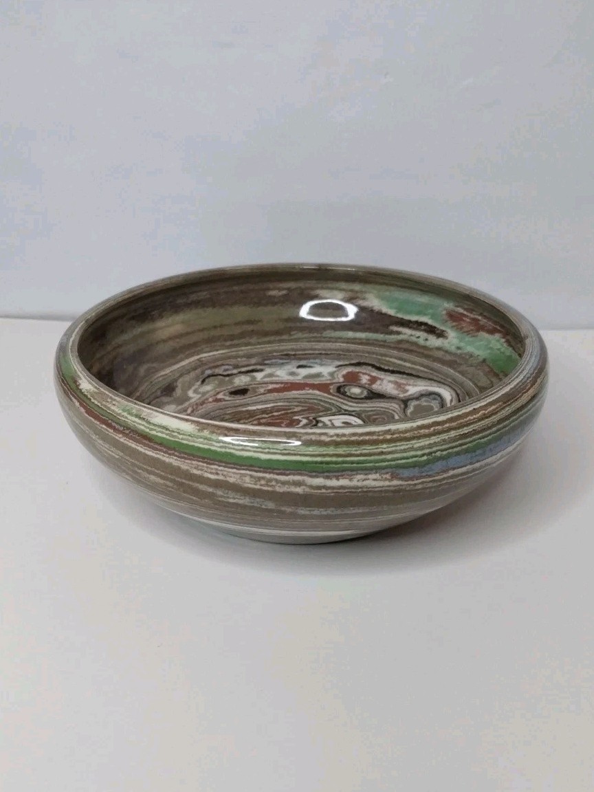 Desert Sands Pottery 5.5” Bowl Green Red Brown Blue Swirl Handmade MCM Desert Sands Pottery 5.5” Bowl Green Red Brown Blue Swirl Handmade MCM