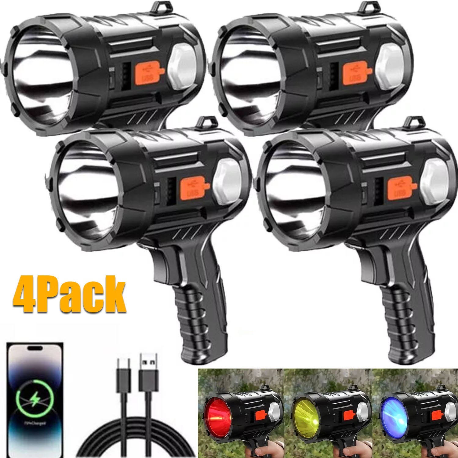 4*900000000LM Bright Solar/USB Rechargeable LED Spotlight Flashlight Searchlight