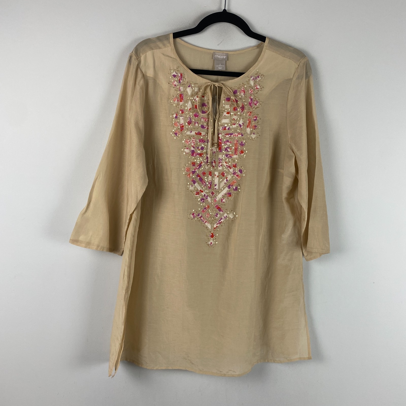 Chicos Embellished Neck Novelty Tunic Size 2 US Large Cotton Silk 3/4 Sleeves