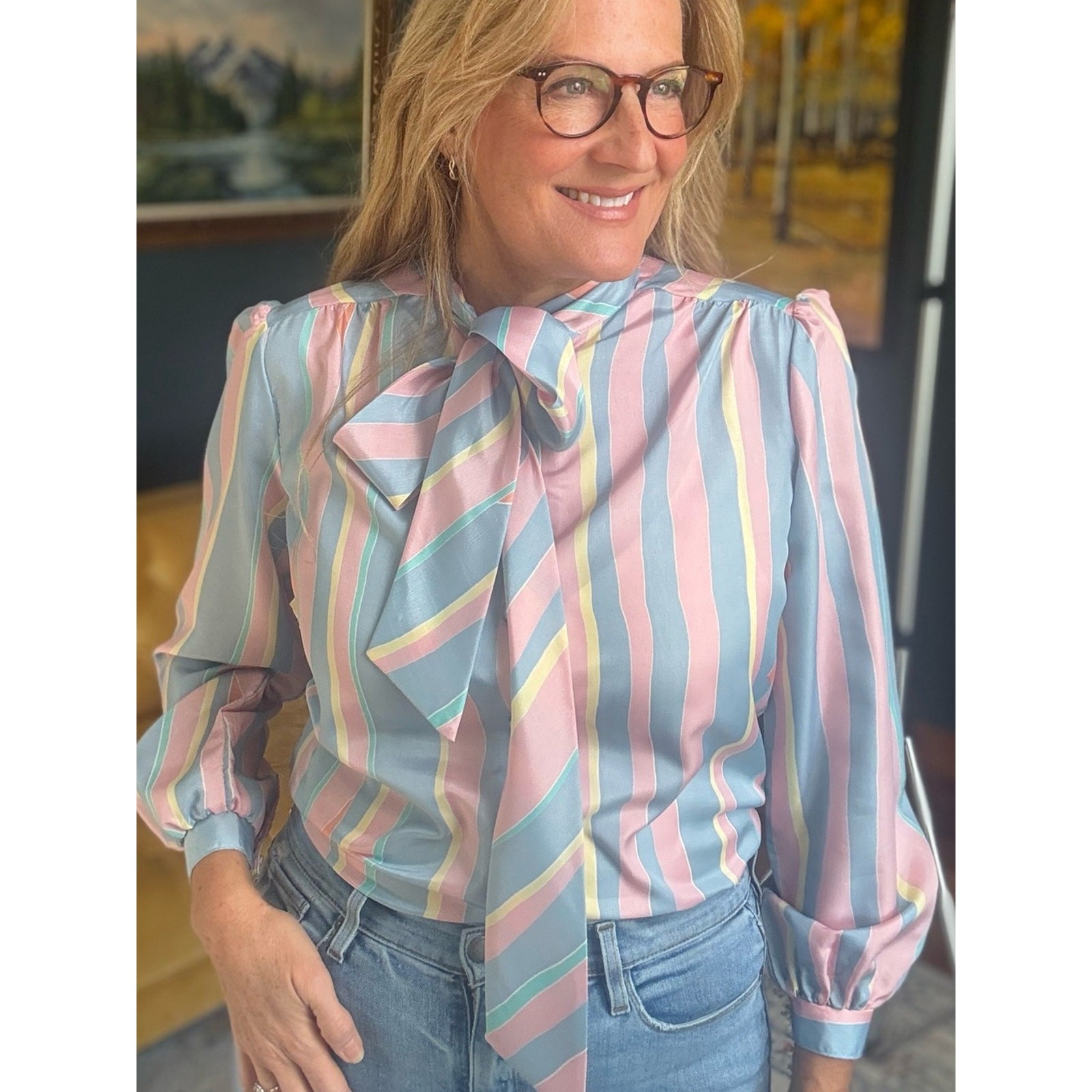 VINTAGE 1970’s Pierre Lamonte of California Pastel Striped Bow Neck Blouse sz 10