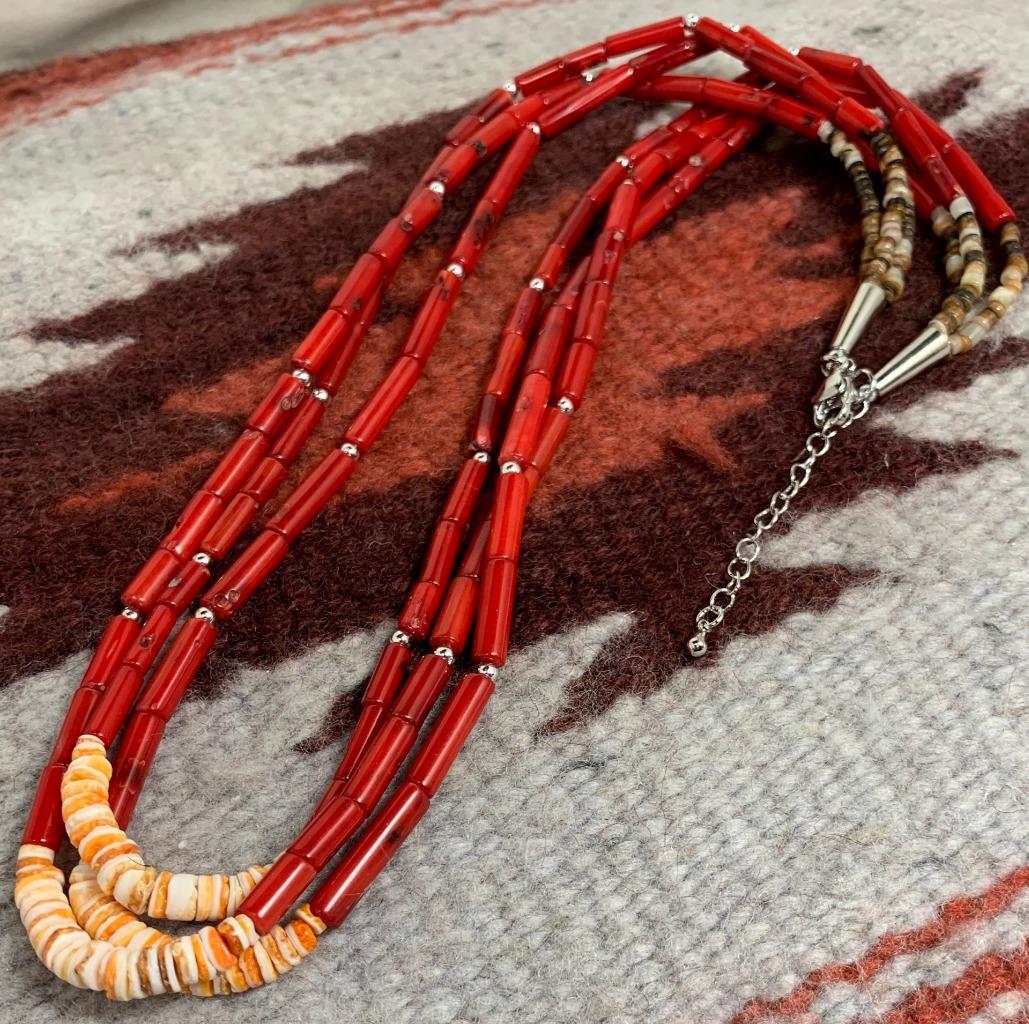 Tri-strands coral/spiny oyster shell necklace//22\