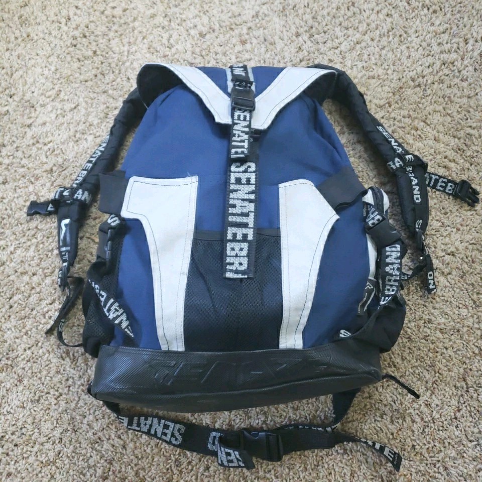 Vintage SENATE Brand Rare Rollerblade Skater Backpack Vinyl Bottom Black & Blue Vintage SENATE Brand Rare Rollerblade Skater Backpack Vinyl Bottom Black & Blue