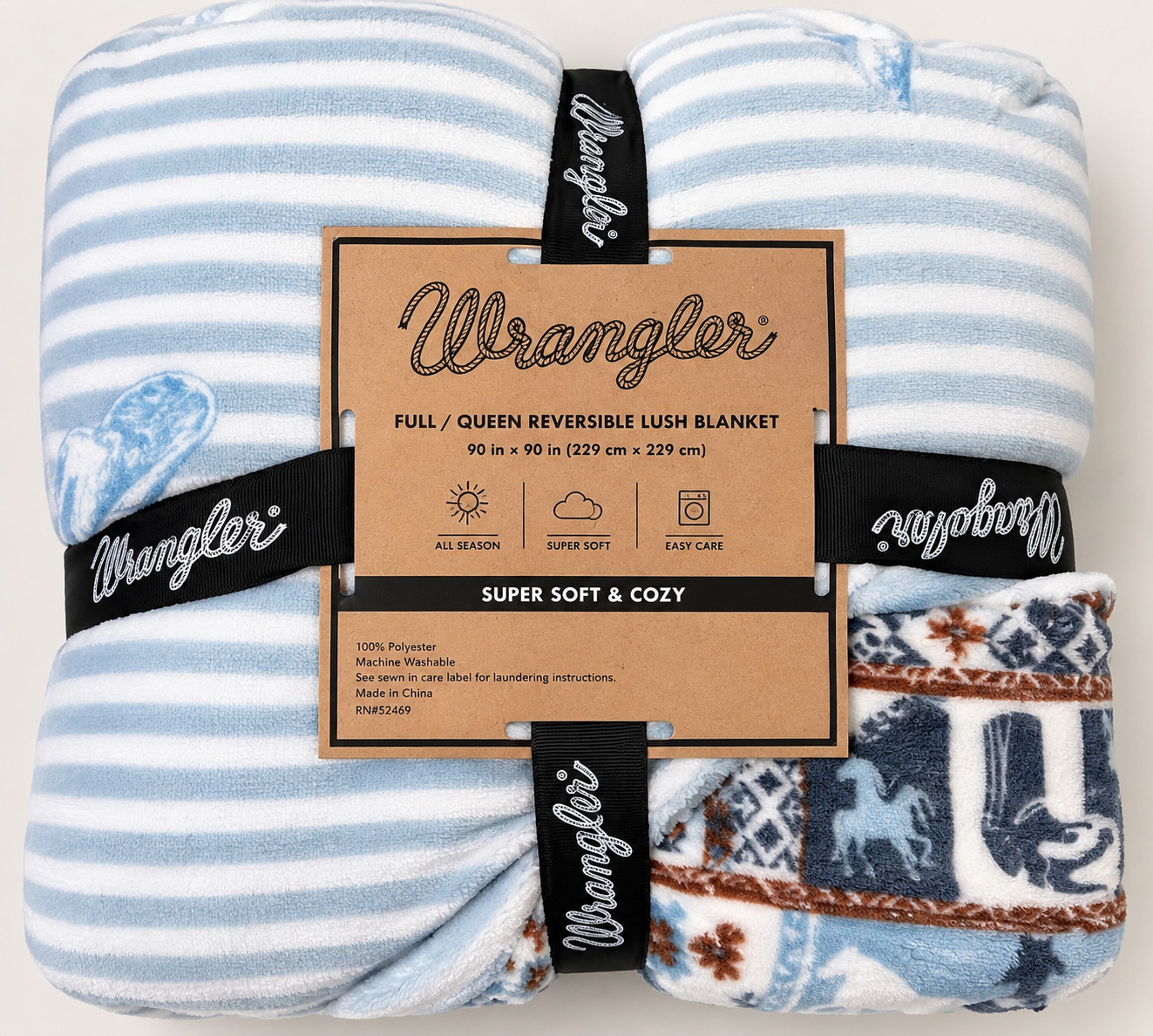 Wrangler Reversible Lush Blanket Full Queen 90x90 Western Cowboy Blue NEW