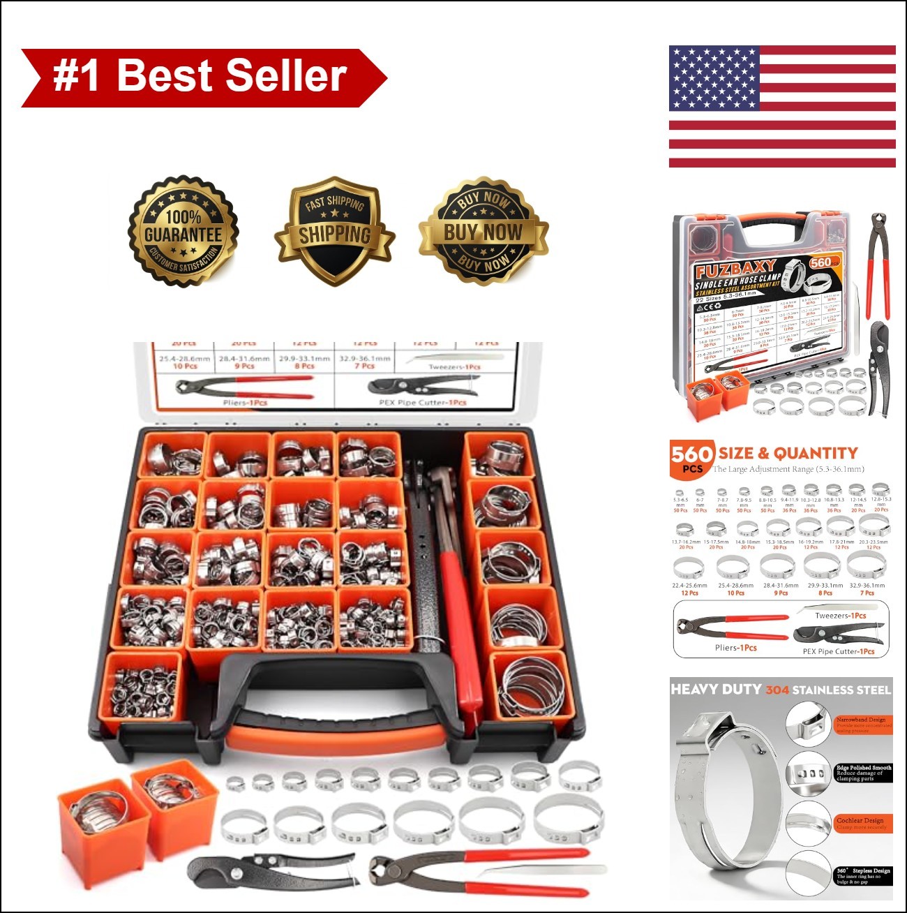 560PC Single Ear Hose Clamp Kit with Crimping Pliers 304 Stainless Steel for