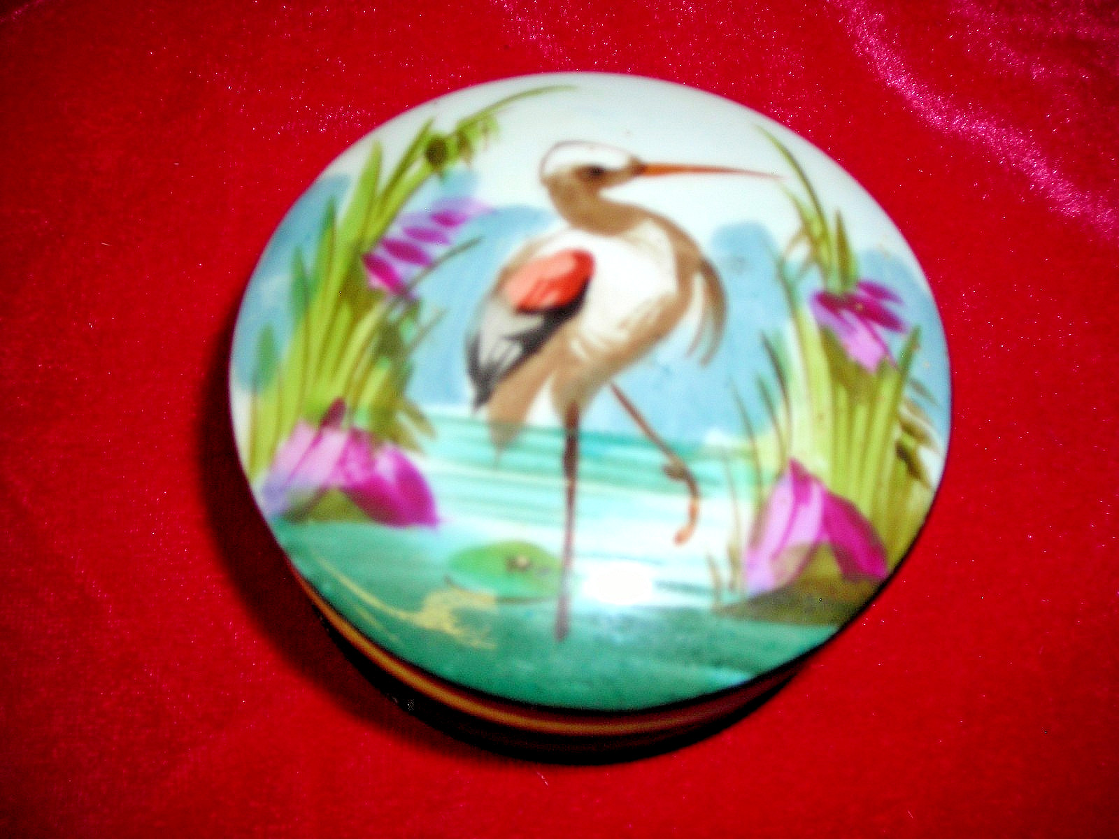 Antique French Hand Painted Trinket Box Bird Crane Heron Dresser Powder Jar Antique French Hand Painted Trinket Box Bird Crane Heron Dresser Powder Jar
