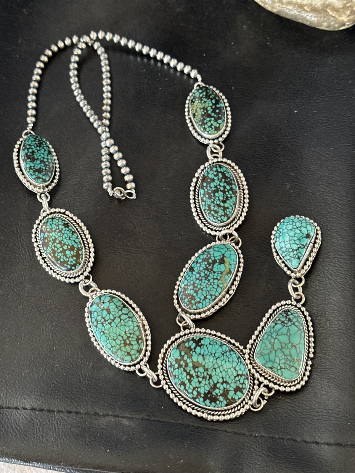 XL Lariat Spiderweb Turquoise Pendant Navajo Sterling Silver Necklace 29” 20383