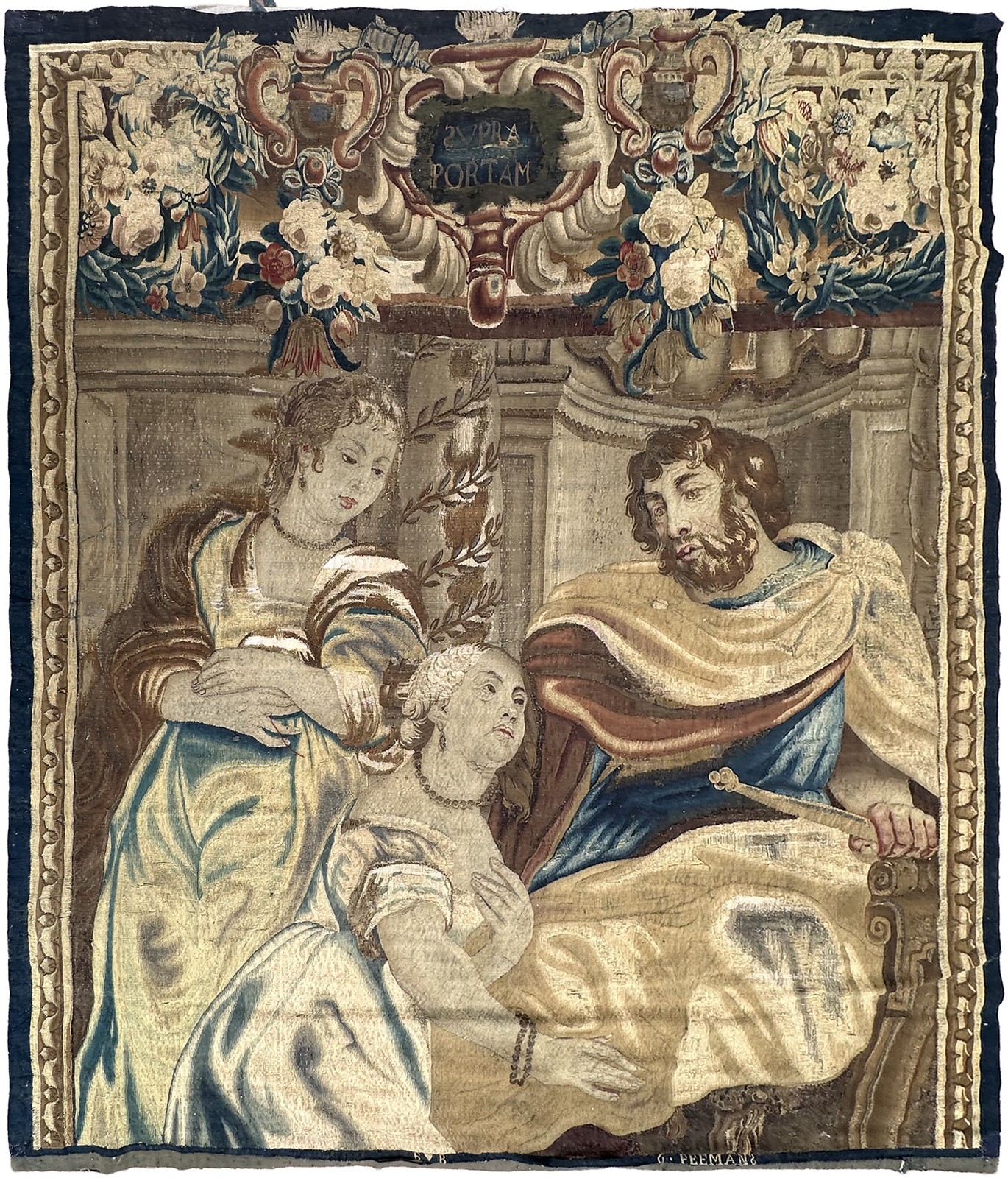 17th Century Antique Flemish Tapestry Rare signed Inscriptions 6x7 191cm x 216cm