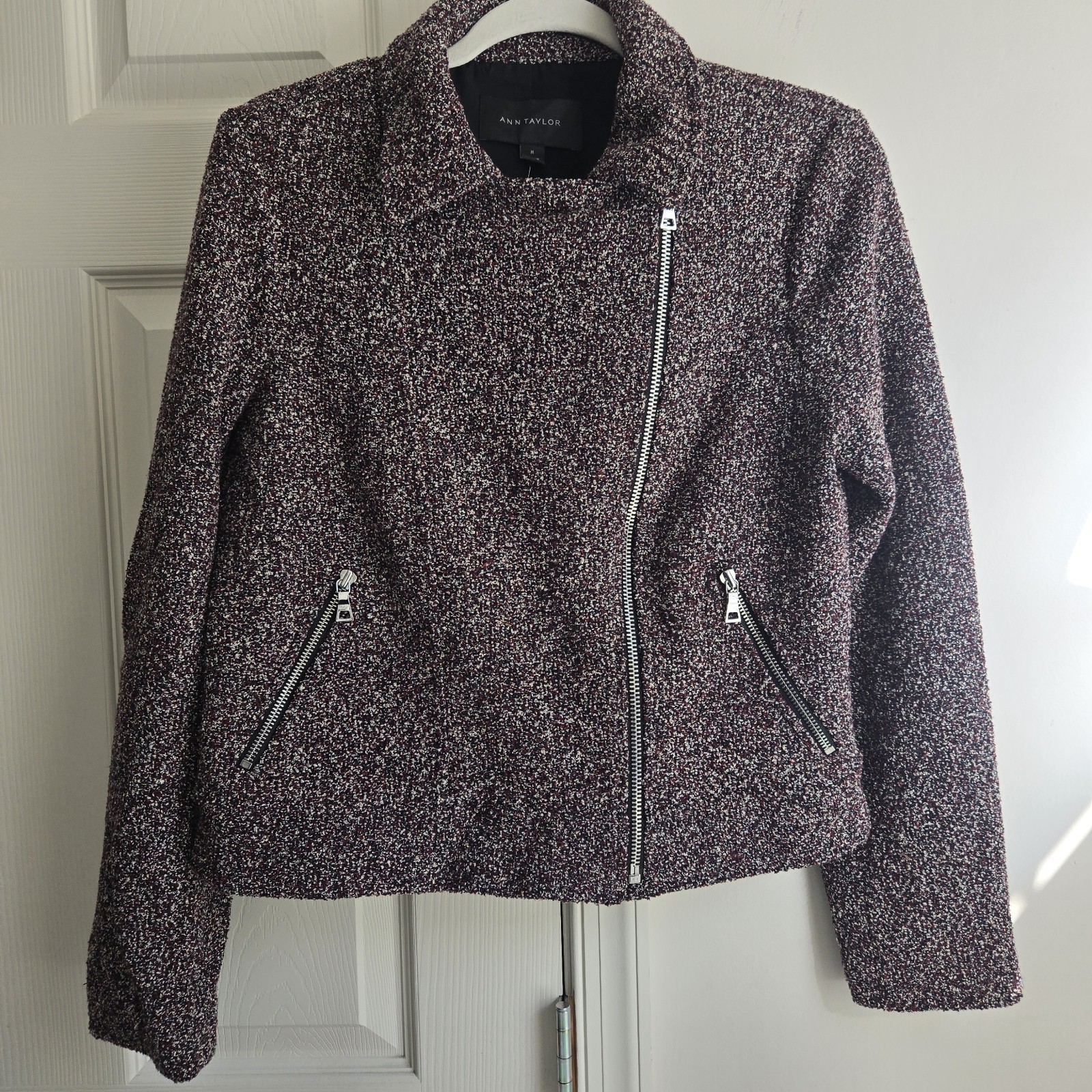 $127 NWT Ann Taylor Sz M Jacket Blazer Multicolor Tweed Asymmetrical Zip Moto