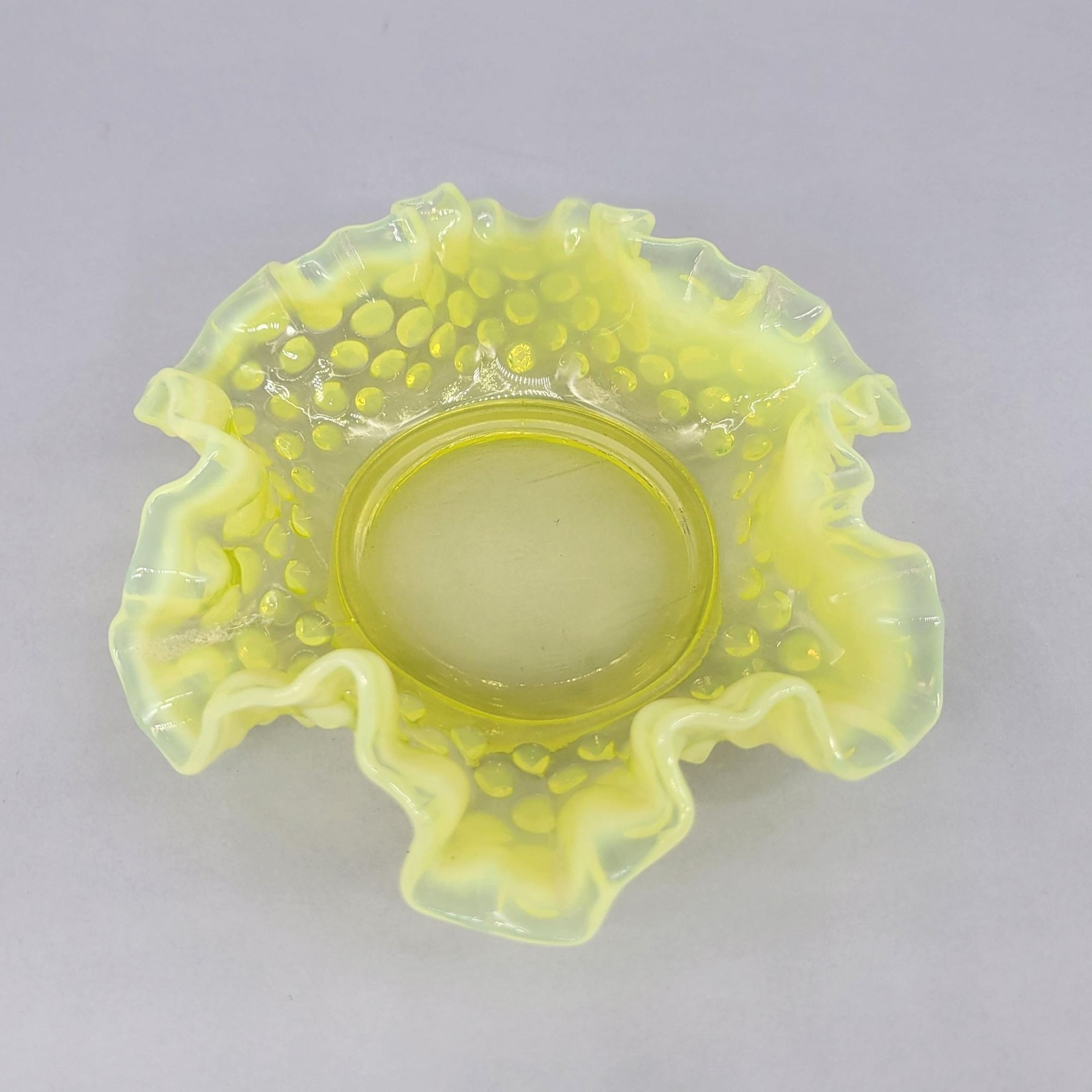 Hobnail Topaz by Fenton Uranium Opalescent Yellow Double Crimped Bon Bon Dish Hobnail Topaz by Fenton Uranium Opalescent Yellow Double Crimped Bon Bon Dish