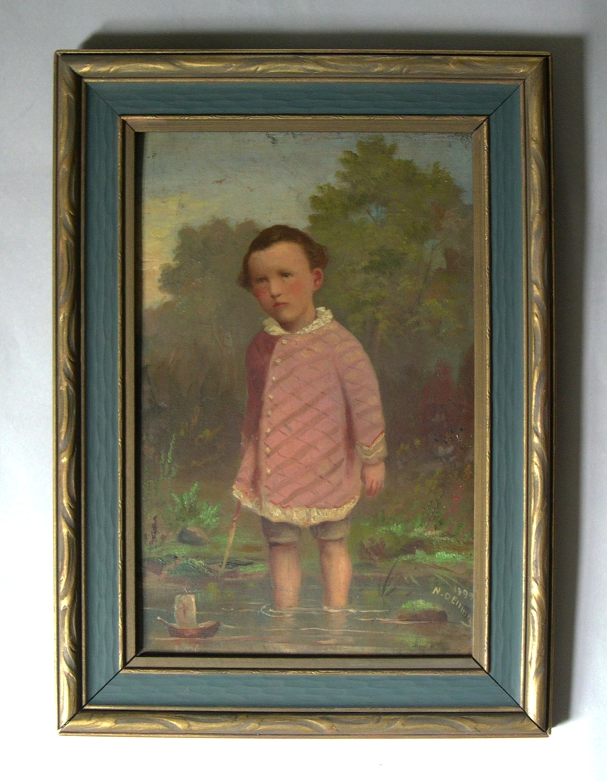 Antique N. D. ELTING  1899 Americana Folk Art Oil Painting on Panel