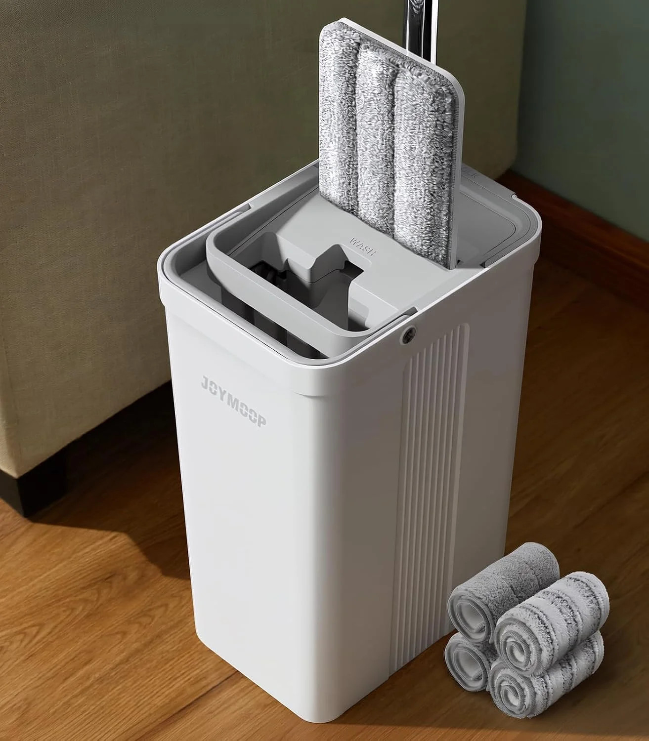 JOYMOOP Flat Mop System, Microfiber Mop and Bucket Set, White, Commercial & Hous