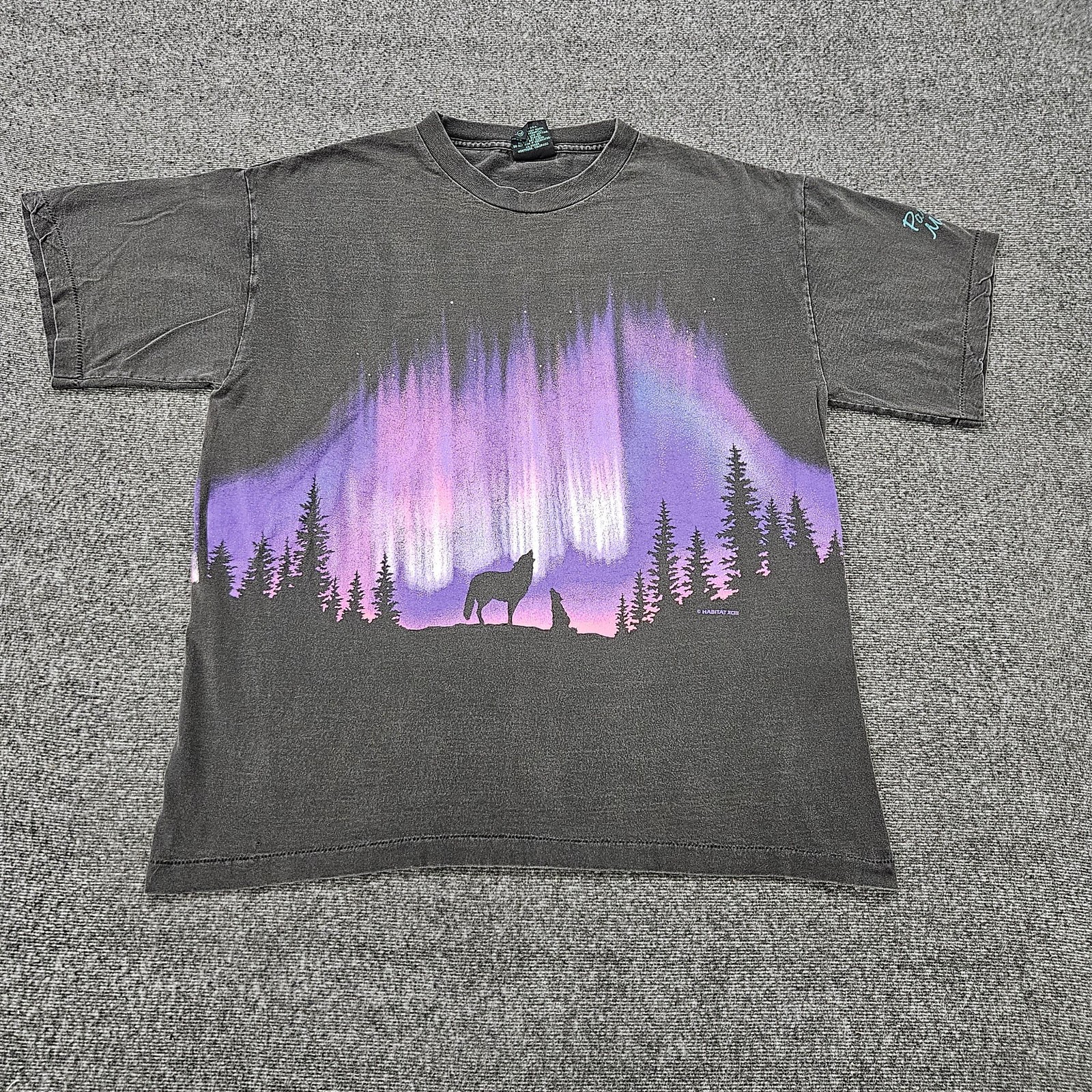 Vintage Habitat Shirt Mens Large Black Wolf Northern Lights Graphic Tee T-Shirt