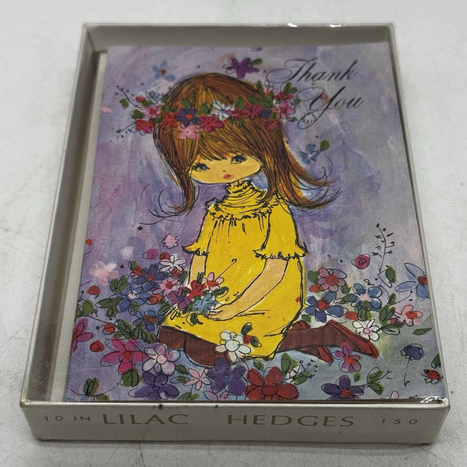 Box of 10 Unused Thank You Cards Big Blue Eyed Girl Flowers Blank Vtg NOS New