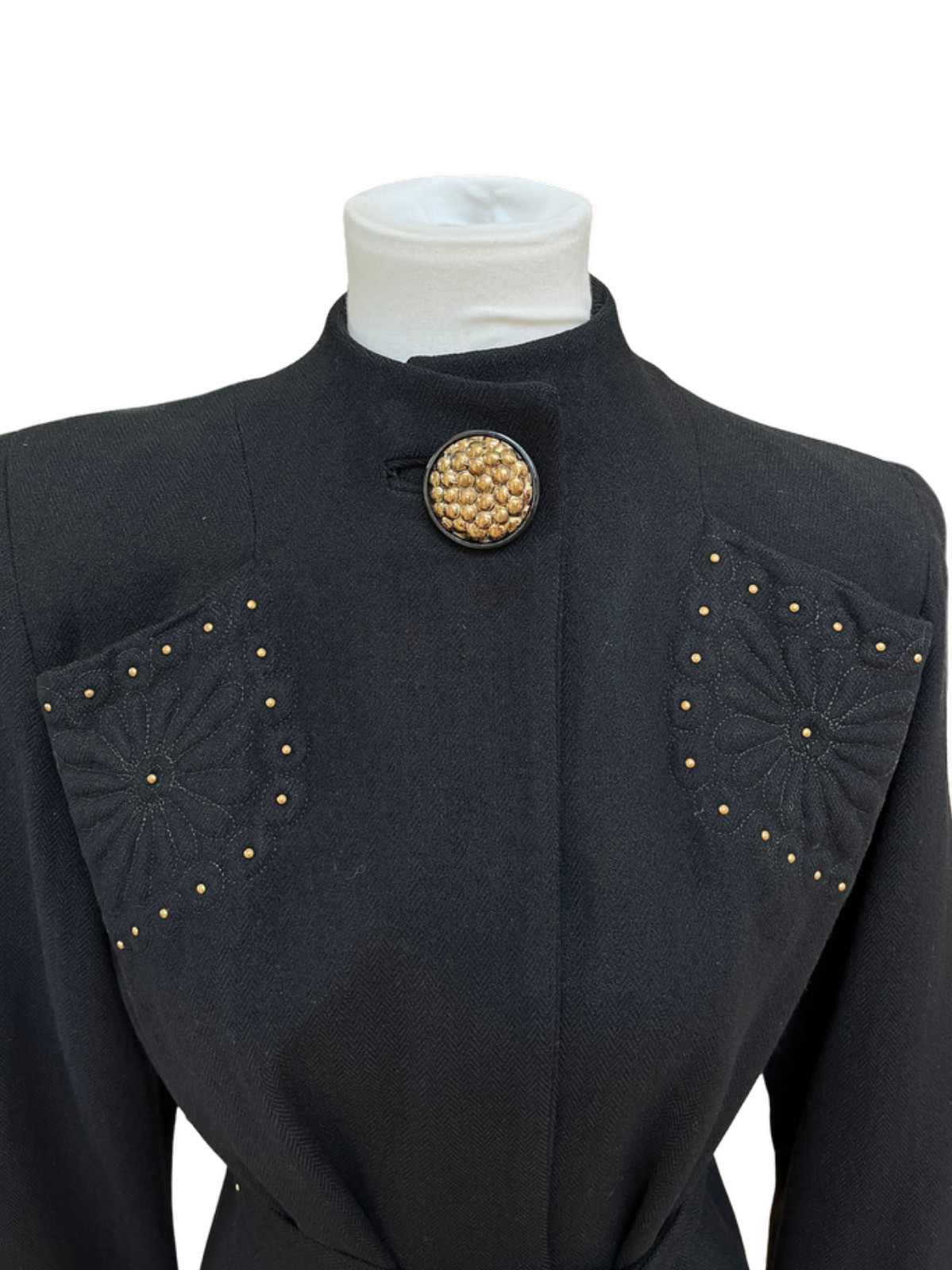 VTG 1930s 1940s Black Wool Dress Coat Princess Studded Trapunto Belted XS/S VTG 1930s 1940s Black Wool Dress Coat Princess Studded Trapunto Belted XS/S
