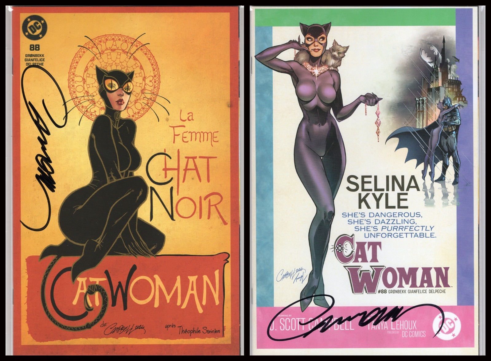 CATWOMAN #88 J. SCOTT CAMPBELL CHAT NOIR & BREAKFAST VARIANTS SET NM SIGNED COA