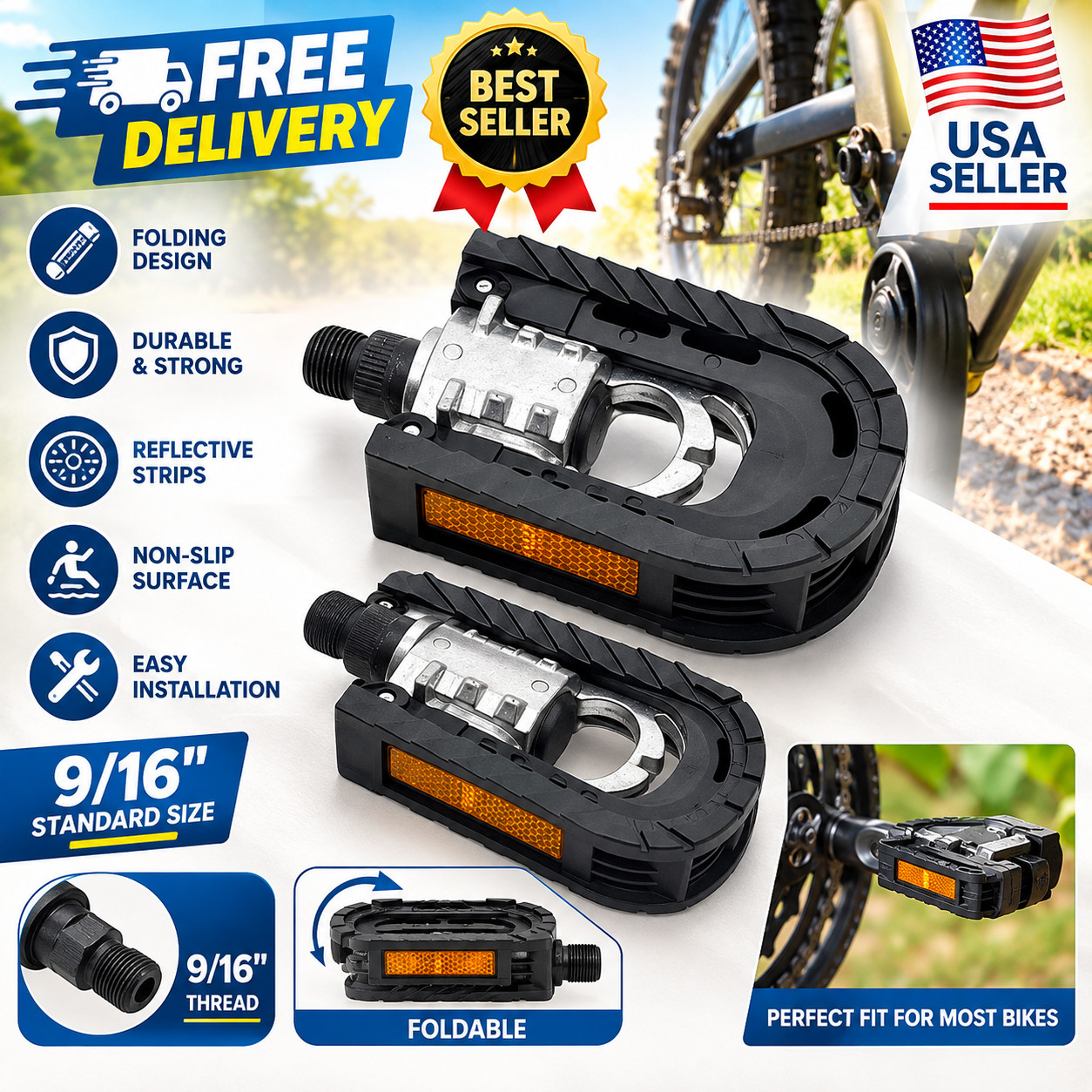 Folding Bike Pedals with Reflective Strips 9/16 Wide Platform Bicycle Pedals