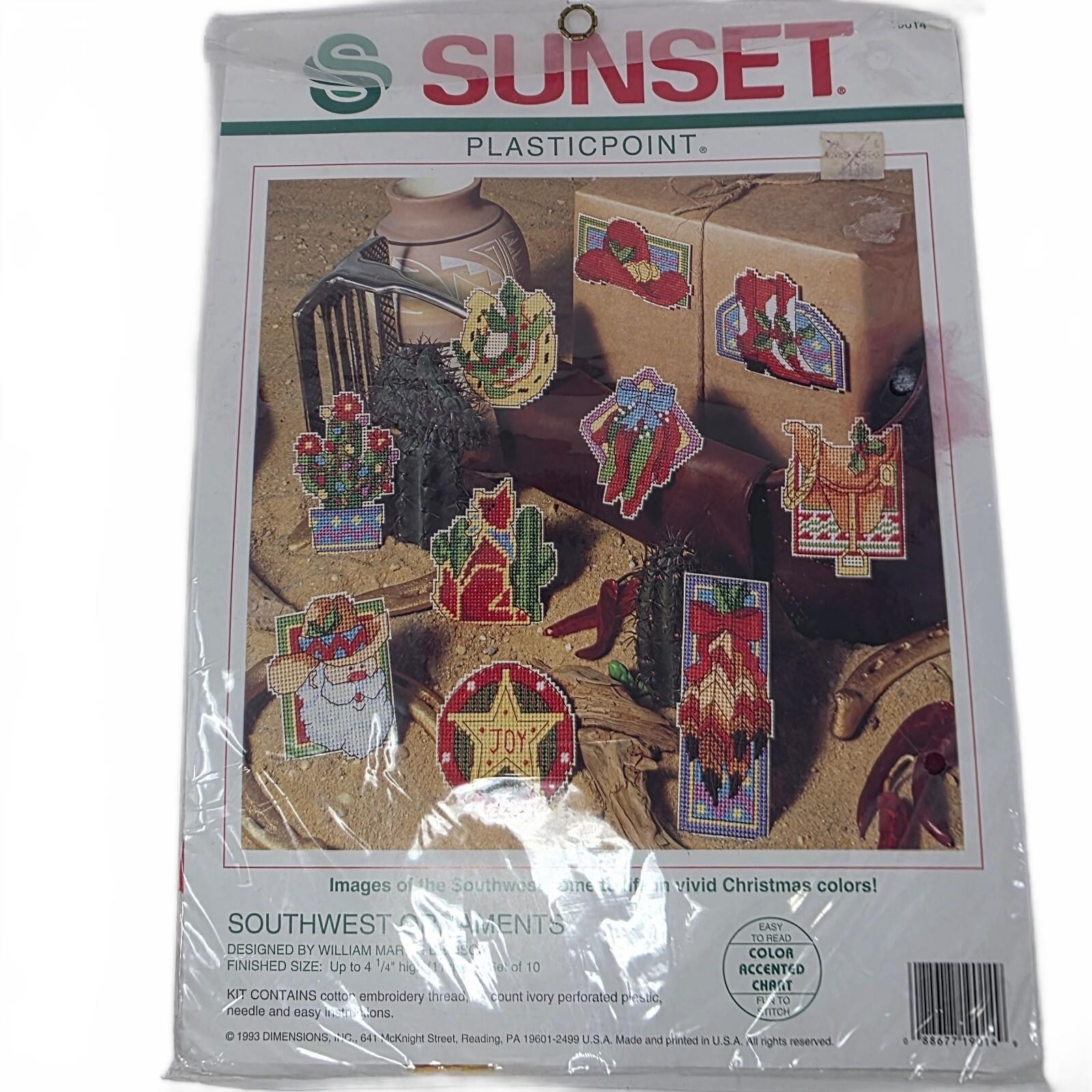 1993 Sunset Southwest Christmas Ornaments Plastic Canvas Kit Sealed 1993 Sunset Southwest Christmas Ornaments Plastic Canvas Kit Sealed