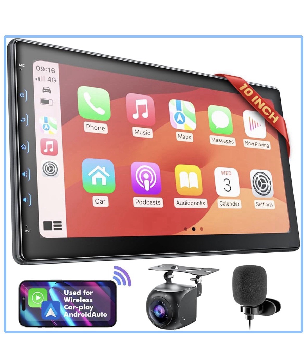 10” Touch Screen Double Din Car Stereo Compatible W/ CarPlay; Backup Camera