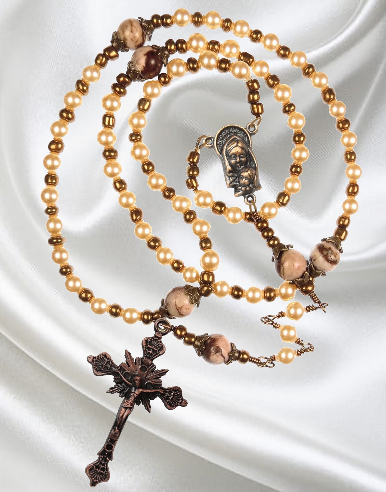 Handmade Catholic Rosary, Cream White Crystal Pearls, Copper Tone Crucifix