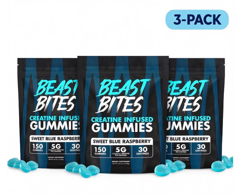 3pc New Beast Bites Creatine Gummies Blue Raspberry 150ct  GOOD