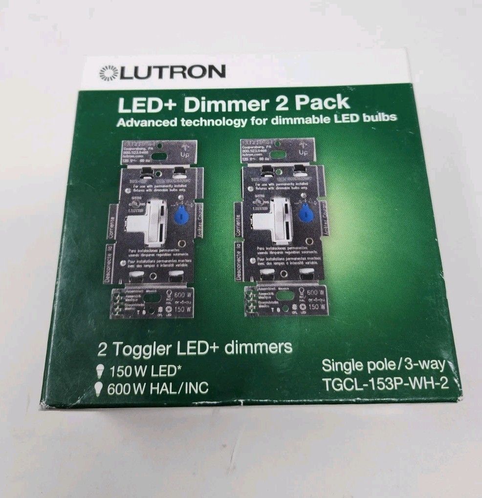 New Lutron TGCL-153P-WH-2 LED+ Dimmer 2 Pack Toggler Single Pol 3 Way 