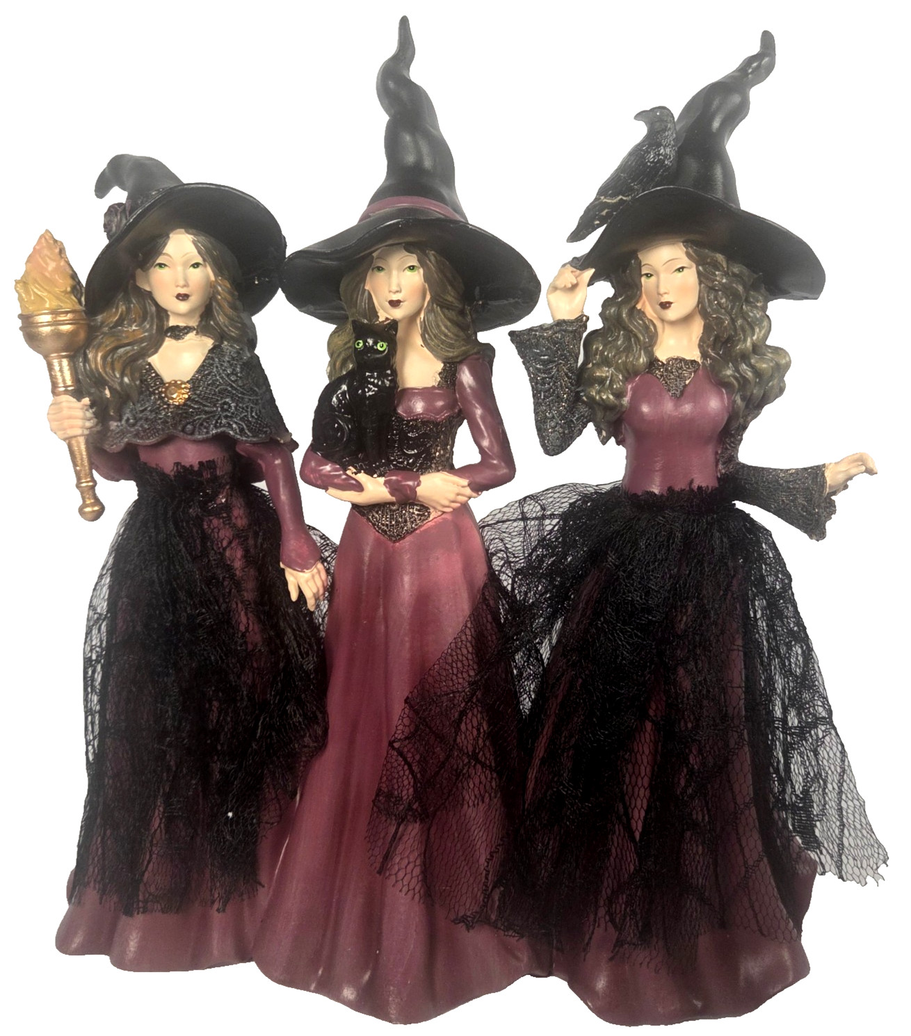 Eerie Charm Set of 3 Witch Figurines 12.5 Inch Halloween Gothic Decor Purple