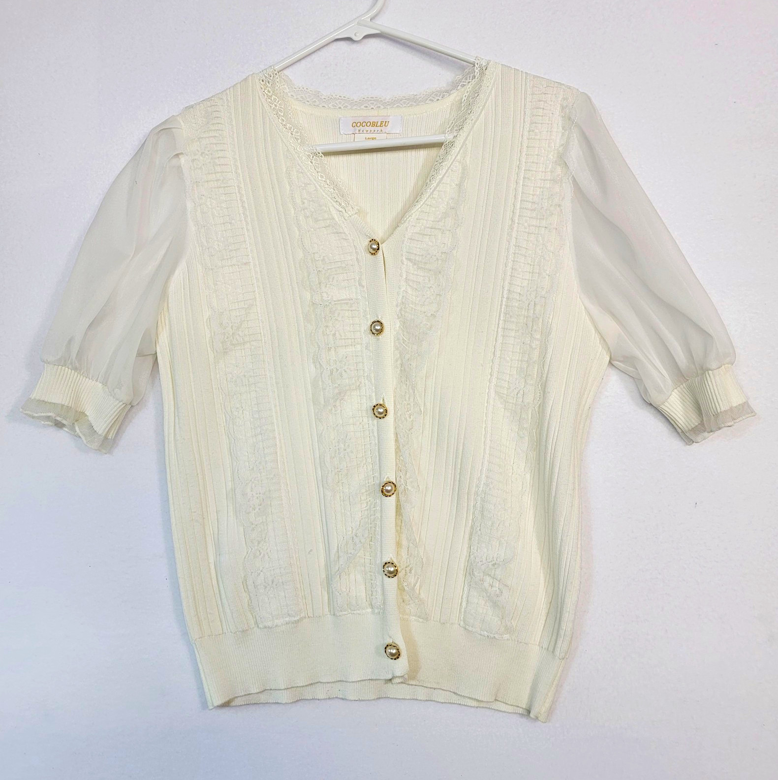 COCOBLEU New York Ivory Ribbed Knit V-Neck Lace Button Cardigan Sweater L