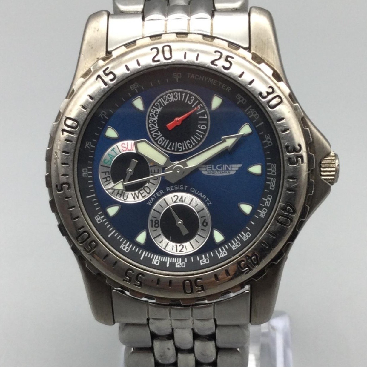 Elgin Sportsman FS39-040 Mens Watch 38mm Blue Dial SS Day Date New Battery 7